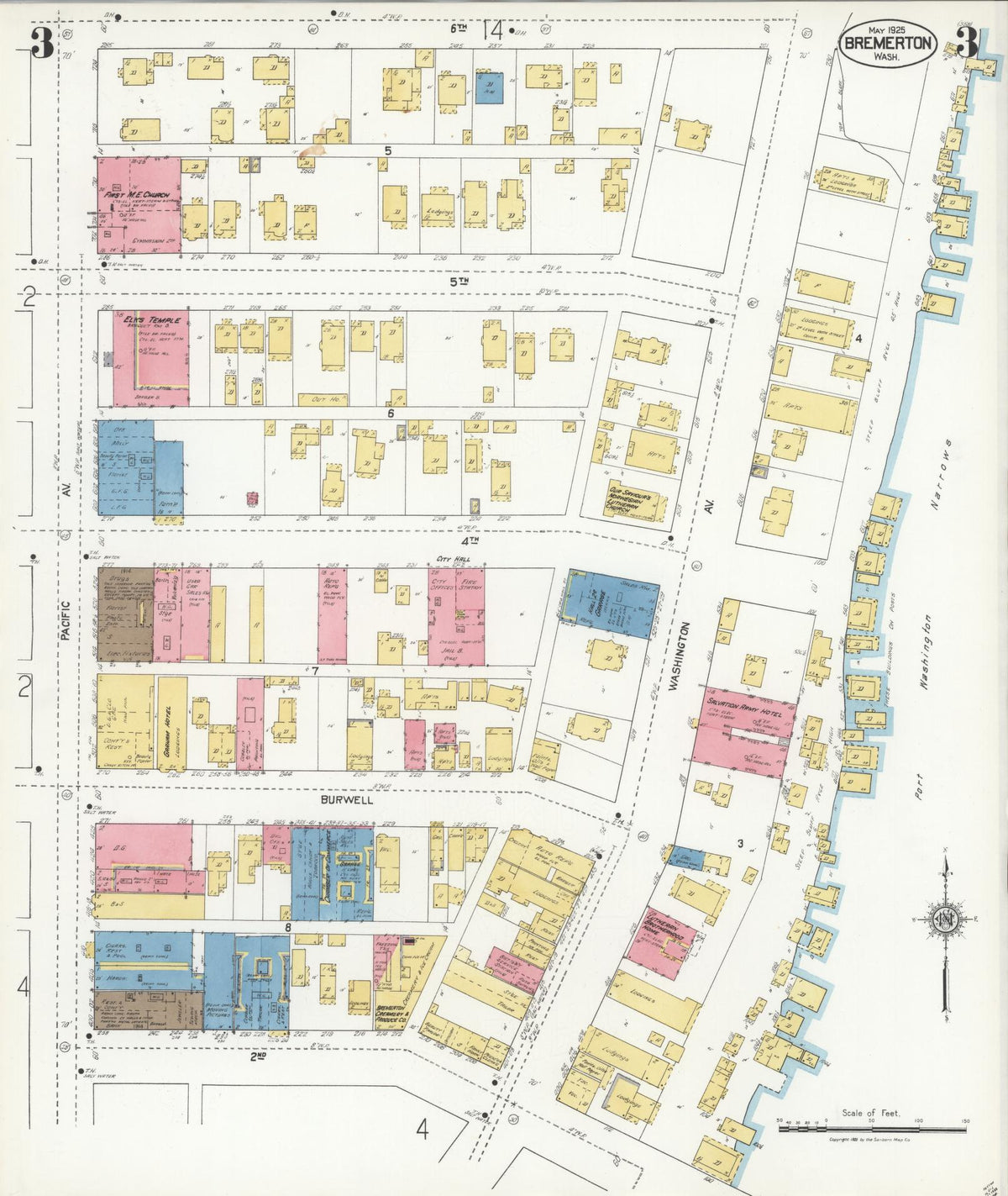 Sanborn Fire Insurance Map from Bremerton, Kitsap County, Washington (1925), Sheet #0003 - Historic Sanborn Fire Insurance Map Print, vintage old map wall art, antique decor, genealogy gift, Washington Washington map