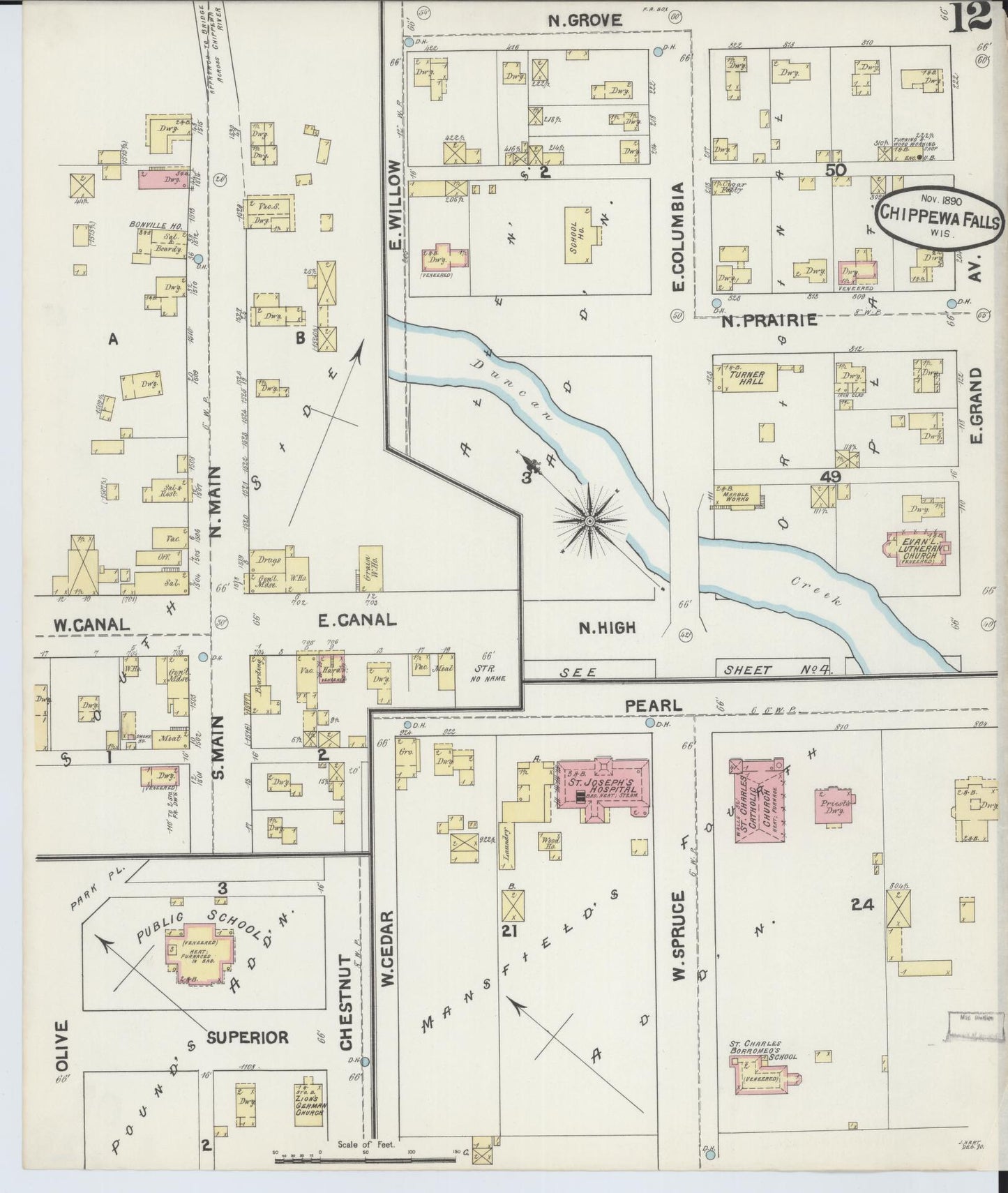 Sanborn Fire Insurance Map from Chippewa Falls, Chippewa County, Wisconsin (1890), Sheet #0012 - Historic Sanborn Fire Insurance Map Print, vintage old map wall art, antique decor, genealogy gift, Wisconsin Wisconsin map