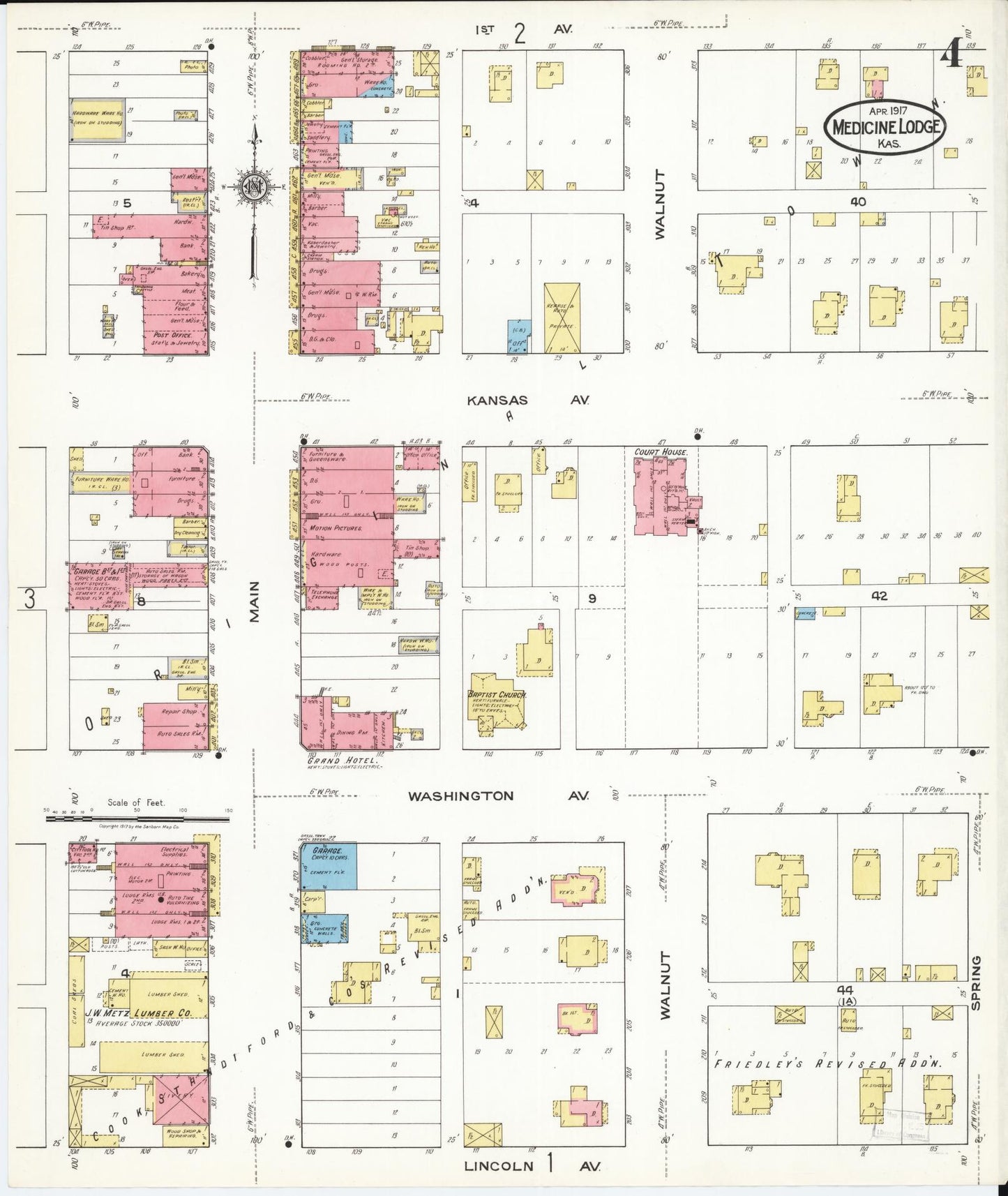Sanborn Fire Insurance Map from Medicine Lodge, Barber County, Kansas (1917), Sheet #0004 - Historic Sanborn Fire Insurance Map Print, vintage old map wall art, antique decor, genealogy gift, Kansas Kansas map