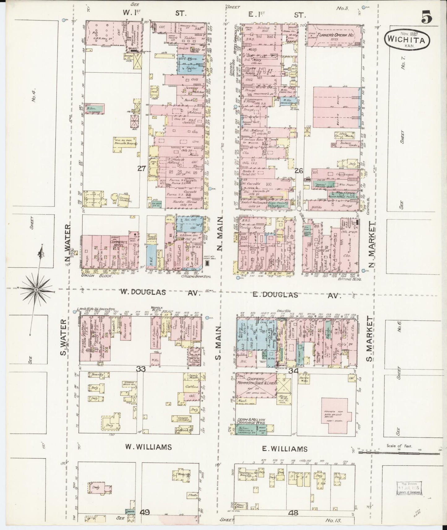 Sanborn Fire Insurance Map from Wichita, Sedgwick County, Kansas (1887), Sheet #0005 - Historic Sanborn Fire Insurance Map Print, vintage old map wall art, antique decor, genealogy gift, Kansas Kansas map