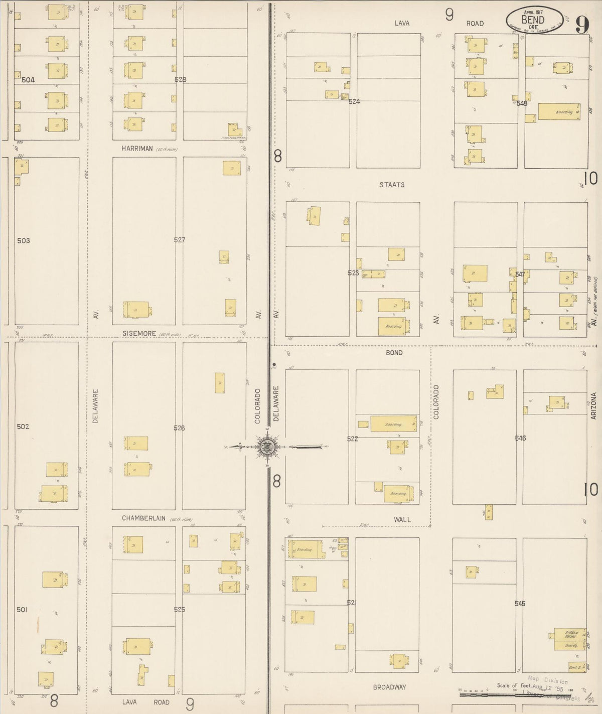 Sanborn Fire Insurance Map from Bend, Deschutes County, Oregon (1917), Sheet #0009 - Historic Sanborn Fire Insurance Map Print, vintage old map wall art, antique decor, genealogy gift, Oregon Oregon map