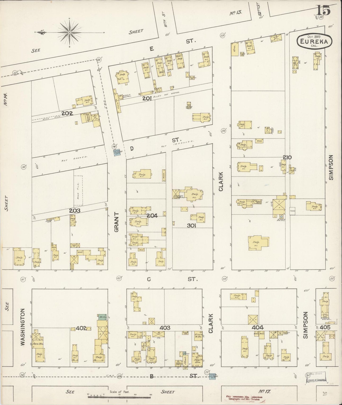 Sanborn Fire Insurance Map from Eureka, Humboldt County, California (1889), Sheet #0015 - Historic Sanborn Fire Insurance Map Print, vintage old map wall art, antique decor, genealogy gift, California California map