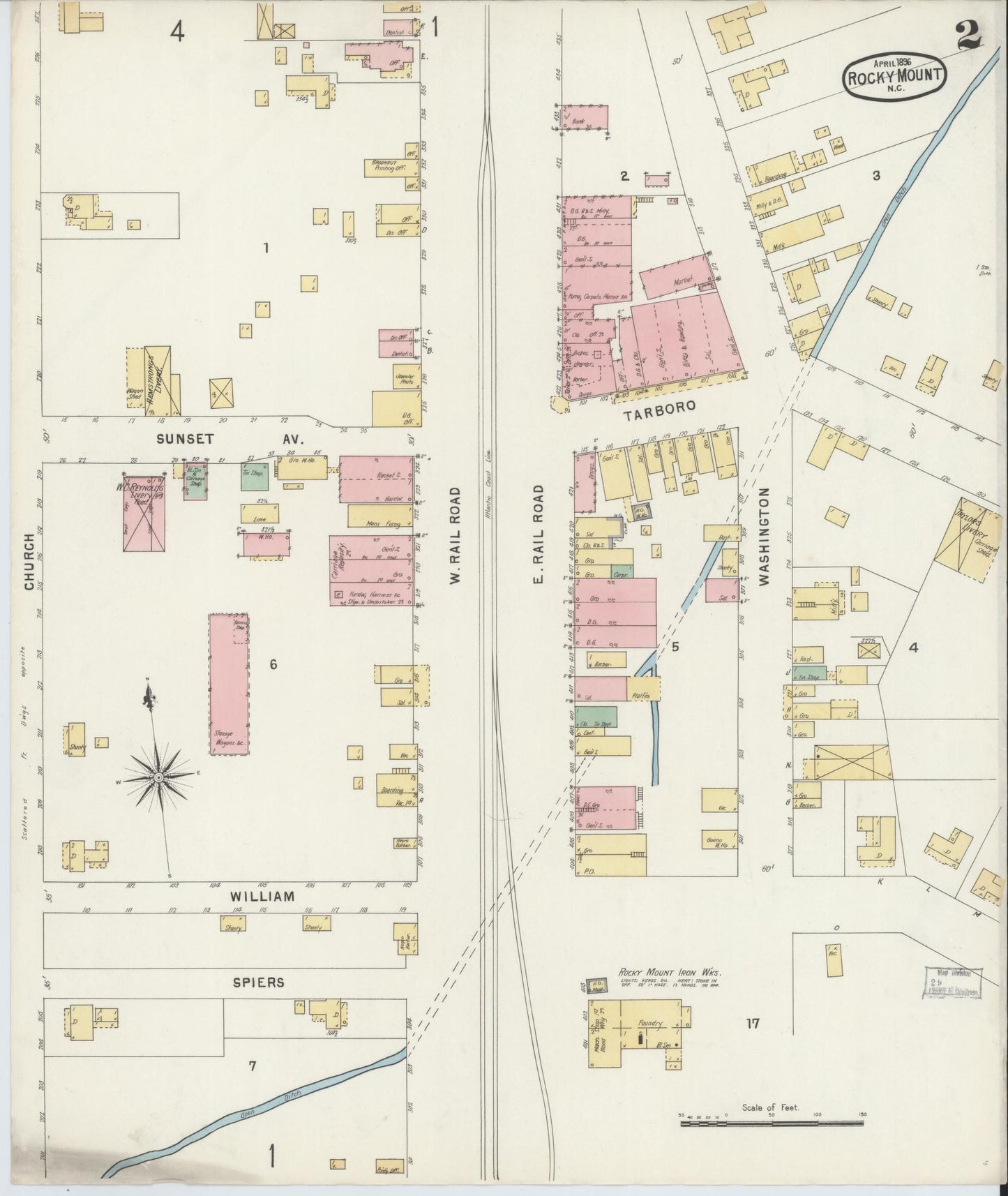 Sanborn Fire Insurance Map from Rocky Mount, Edgecombe And Nash Counties, North Carolina (1896), Sheet #0002 - Historic Sanborn Fire Insurance Map Print, vintage old map wall art, antique decor, genealogy gift, North Carolina North Carolina map