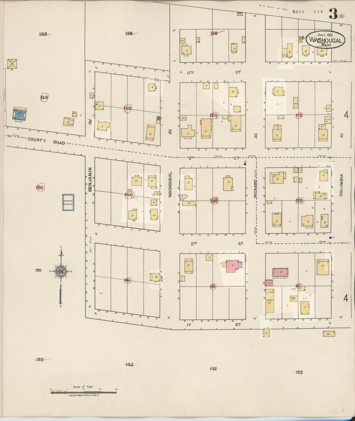 Sanborn Fire Insurance Map from Washougal, Clark County, Washington (1929), Sheet #0003 - Historic Sanborn Fire Insurance Map Print, vintage old map wall art, antique decor, genealogy gift, Washington Washington map
