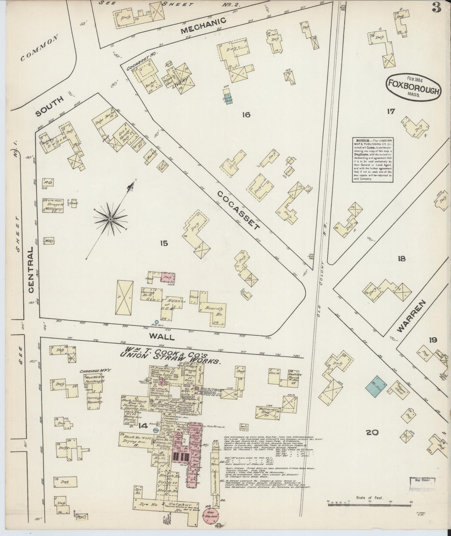 Sanborn Fire Insurance Map from Foxboro, Norfolk County, Massachusetts (1884), Sheet #0003 - Historic Sanborn Fire Insurance Map Print, vintage old map wall art, antique decor, genealogy gift, Massachusetts Massachusetts map