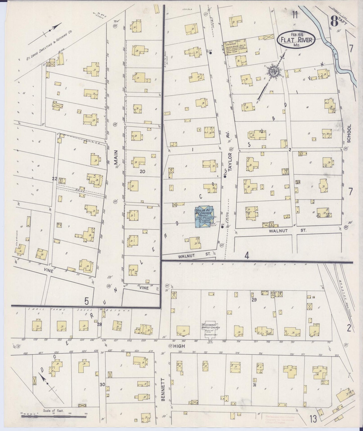Sanborn Fire Insurance Map from Flat River, Saint Francois County, Missouri (1915), Sheet #0008 - Historic Sanborn Fire Insurance Map Print, vintage old map wall art, antique decor, genealogy gift, Missouri Missouri map