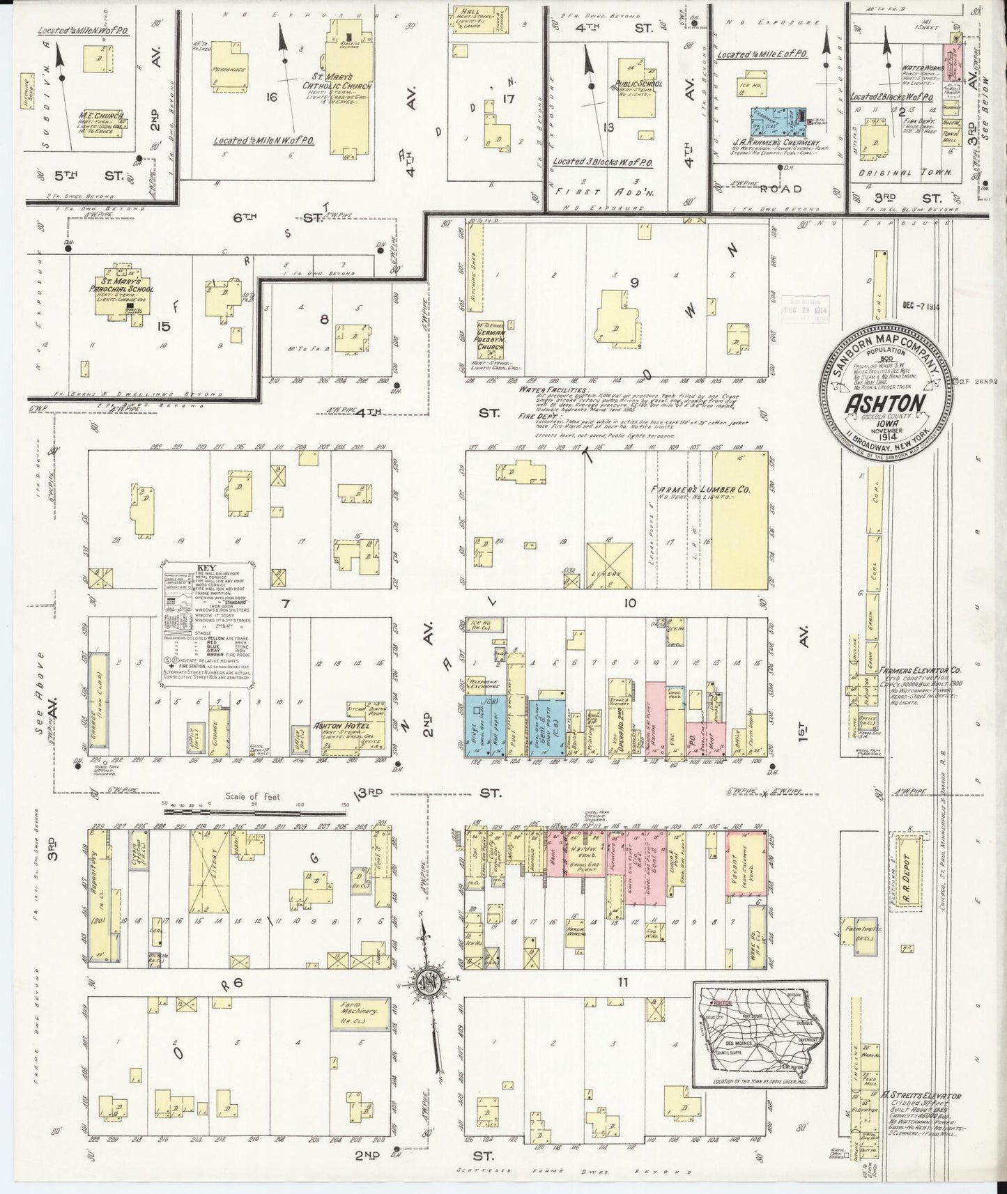 Sanborn Fire Insurance Map from Ashton, Osceola County, Iowa (1914), Sheet #0001 - Historic Sanborn Fire Insurance Map Print, vintage old map wall art
