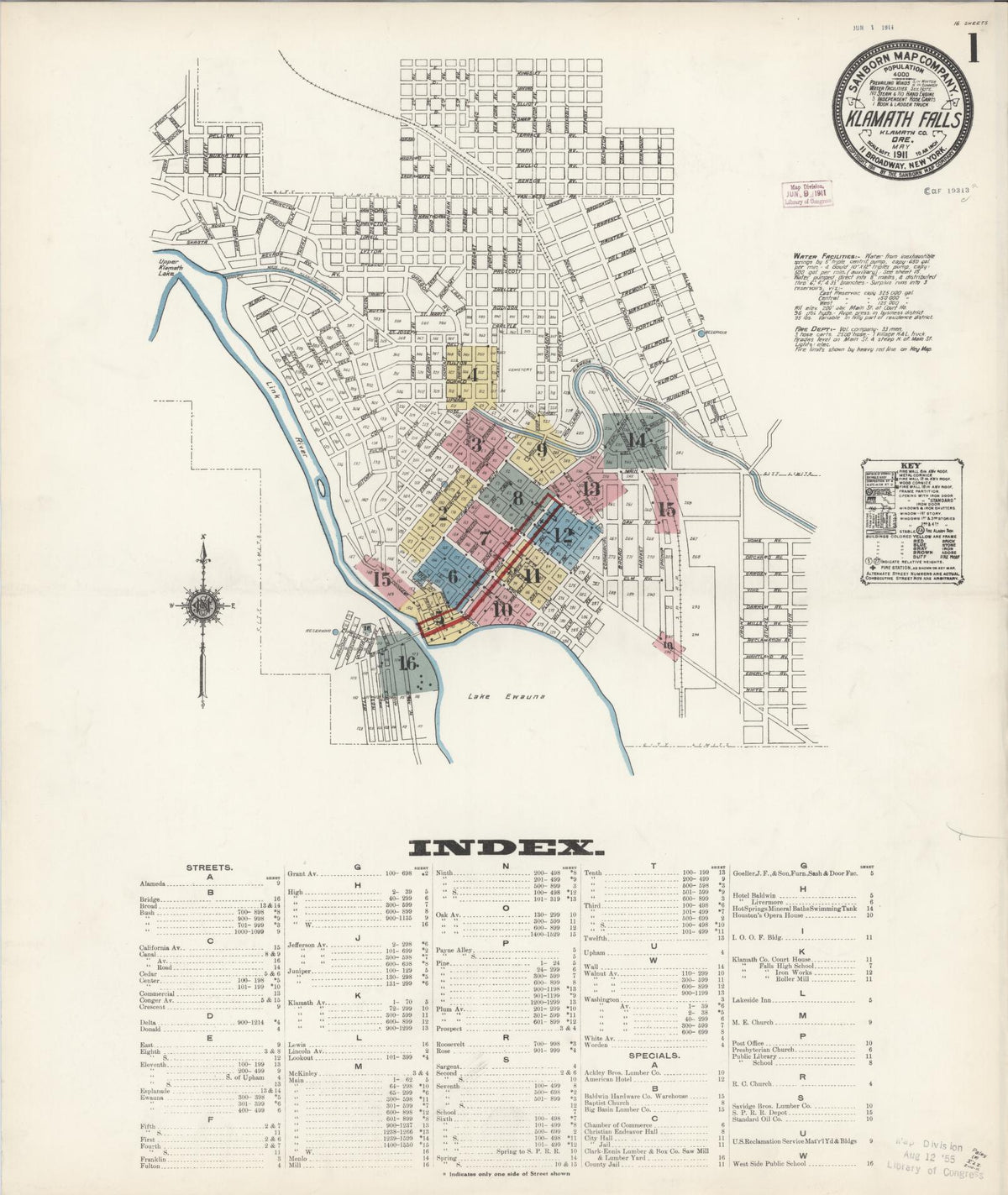 Sanborn Fire Insurance Map from Klamath Falls, Klamath County, Oregon (1911), Sheet #0001 - Historic Sanborn Fire Insurance Map Print, vintage old map wall art, antique decor, genealogy gift, Oregon Oregon map