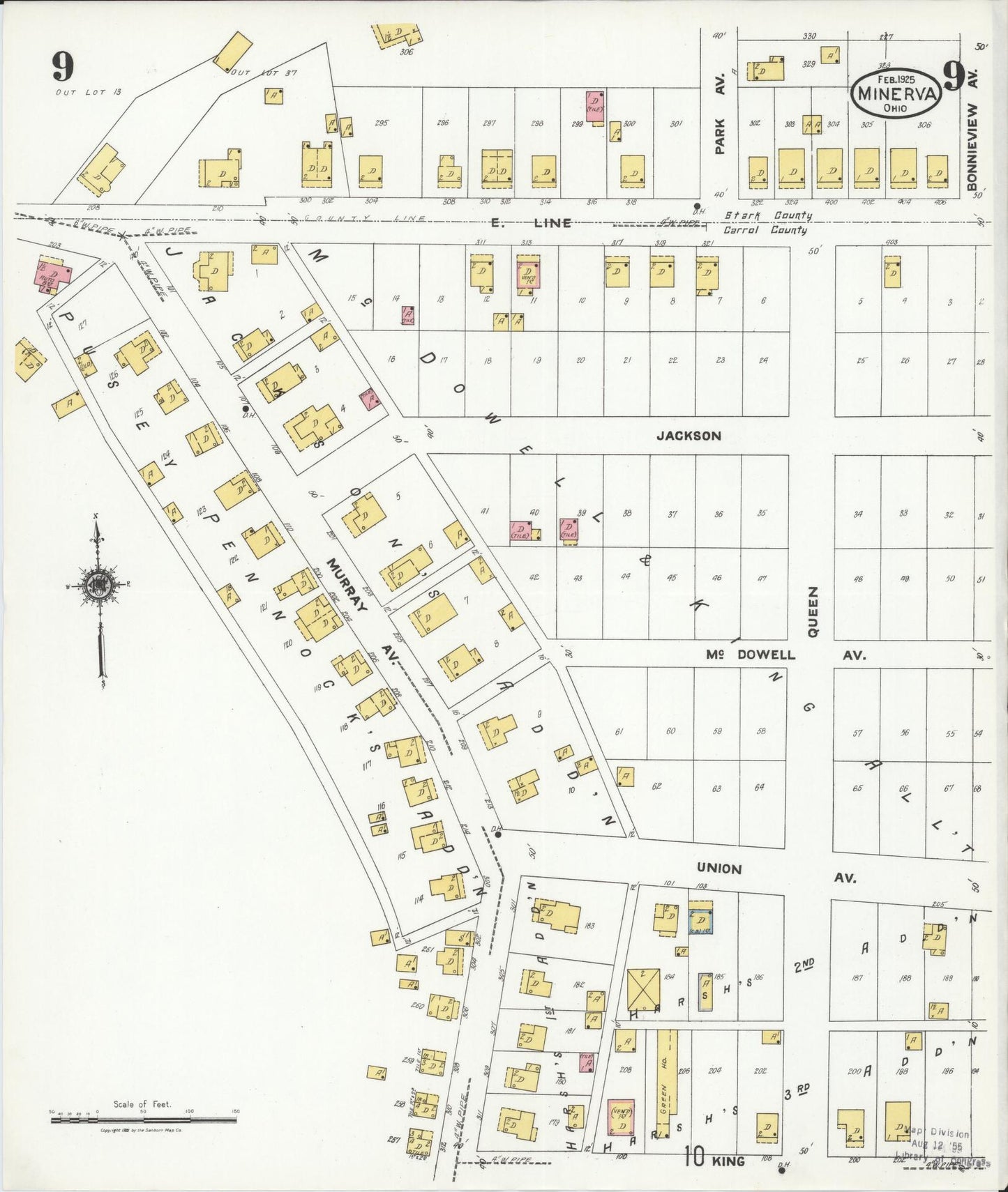 Sanborn Fire Insurance Map from Minerva, Stark And Carroll Counties, Ohio (1925), Sheet #0009 - Historic Sanborn Fire Insurance Map Print, vintage old map wall art, antique decor, genealogy gift, Ohio Ohio map