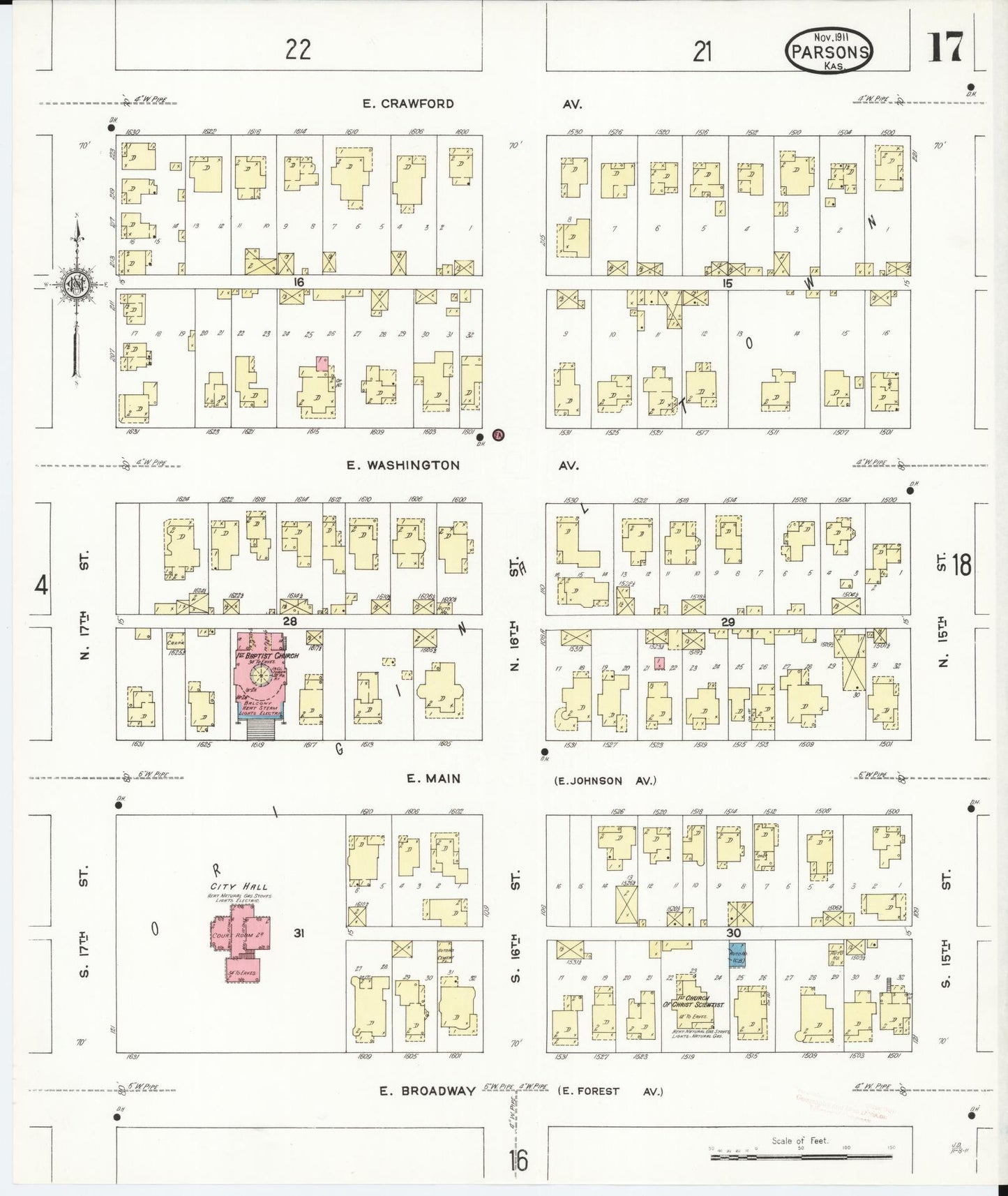 Sanborn Fire Insurance Map from Parsons, Labette County, Kansas (1911), Sheet #0017 - Historic Sanborn Fire Insurance Map Print, vintage old map wall art, antique decor, genealogy gift, Kansas Kansas map