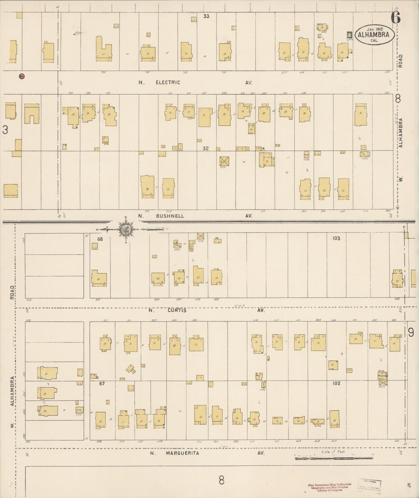 Sanborn Fire Insurance Map from Alhambra, Los Angeles County, California (1912), Sheet #0006 - Historic Sanborn Fire Insurance Map Print, vintage old map wall art, antique decor, genealogy gift, California California map
