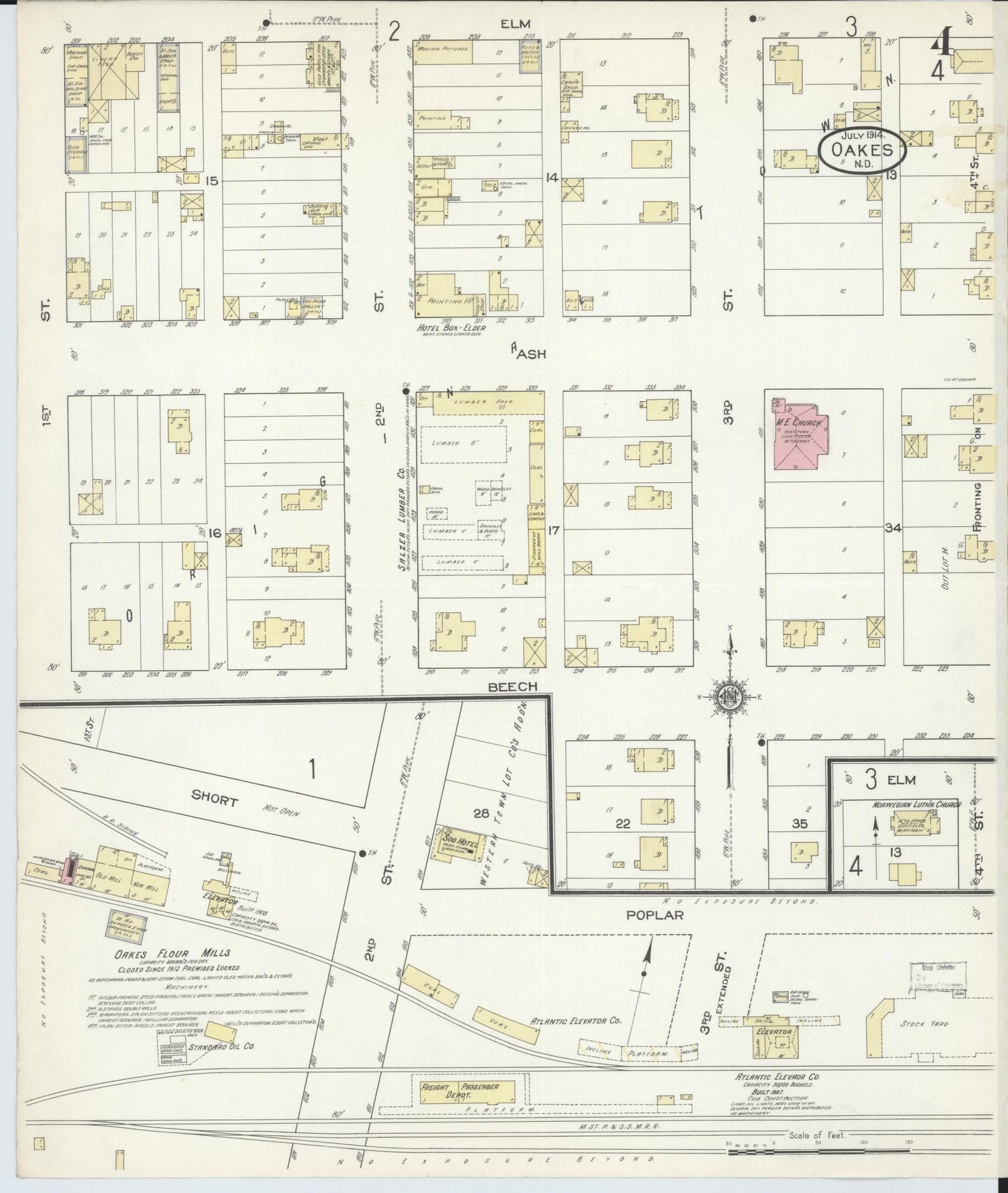 Sanborn Fire Insurance Map from Oakes, Dickey County, North Dakota (1914), Sheet #0004 - Historic Sanborn Fire Insurance Map Print, vintage old map wall art, antique decor, genealogy gift, North Dakota North Dakota map