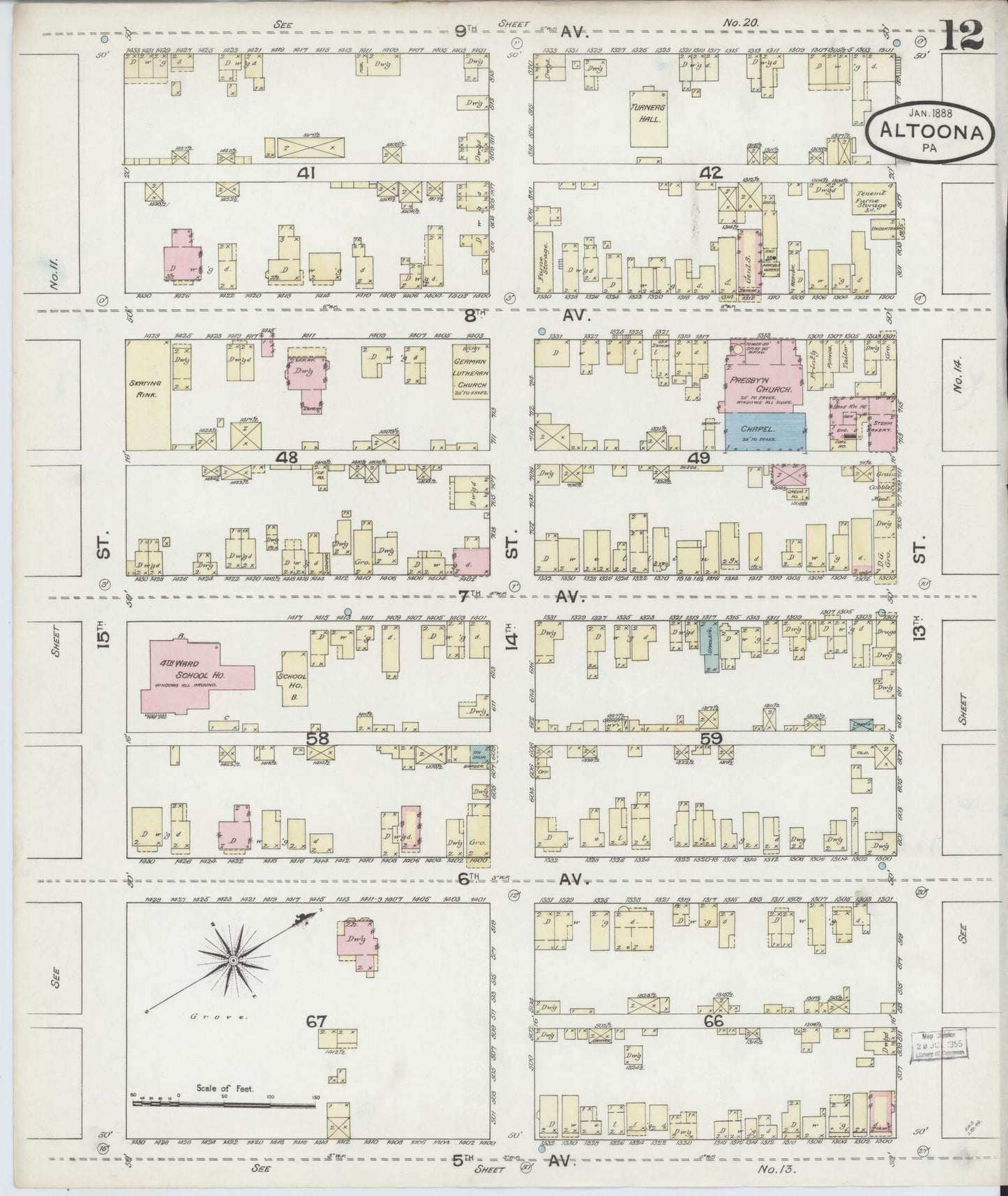 Sanborn Fire Insurance Map from Altoona, Blair County, Pennsylvania (1888), Sheet #0012 - Historic Sanborn Fire Insurance Map Print, vintage old map wall art, antique decor, genealogy gift, Pennsylvania Pennsylvania map