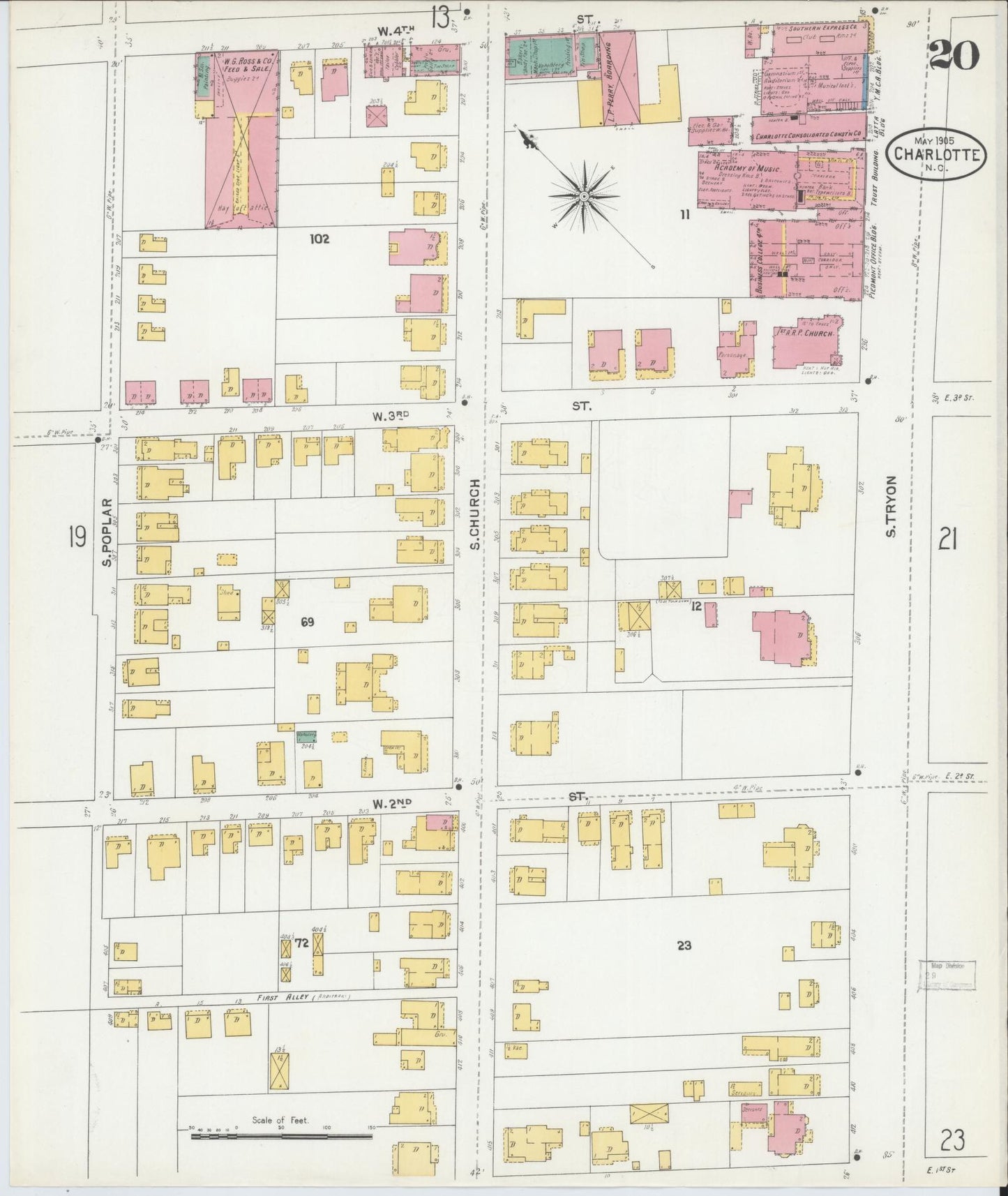 Sanborn Fire Insurance Map from Charlotte, Mecklenburg County, North Carolina (1905), Sheet #0020 - Historic Sanborn Fire Insurance Map Print, vintage old map wall art, antique decor, genealogy gift, North Carolina North Carolina map