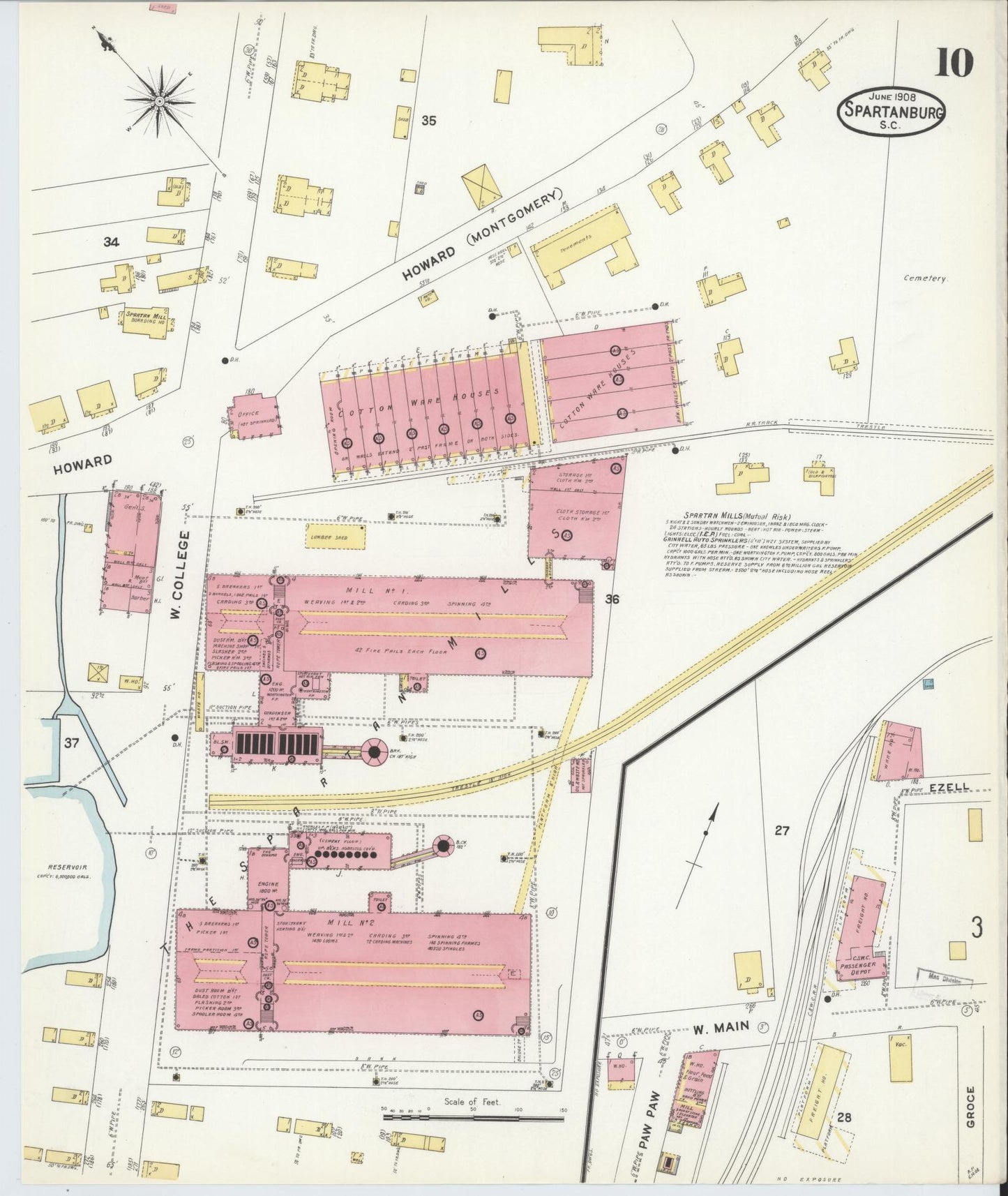Sanborn Fire Insurance Map from Spartanburg, Spartanburg County, South Carolina (1908), Sheet #0010 - Historic Sanborn Fire Insurance Map Print, vintage old map wall art, antique decor, genealogy gift, South Carolina South Carolina map