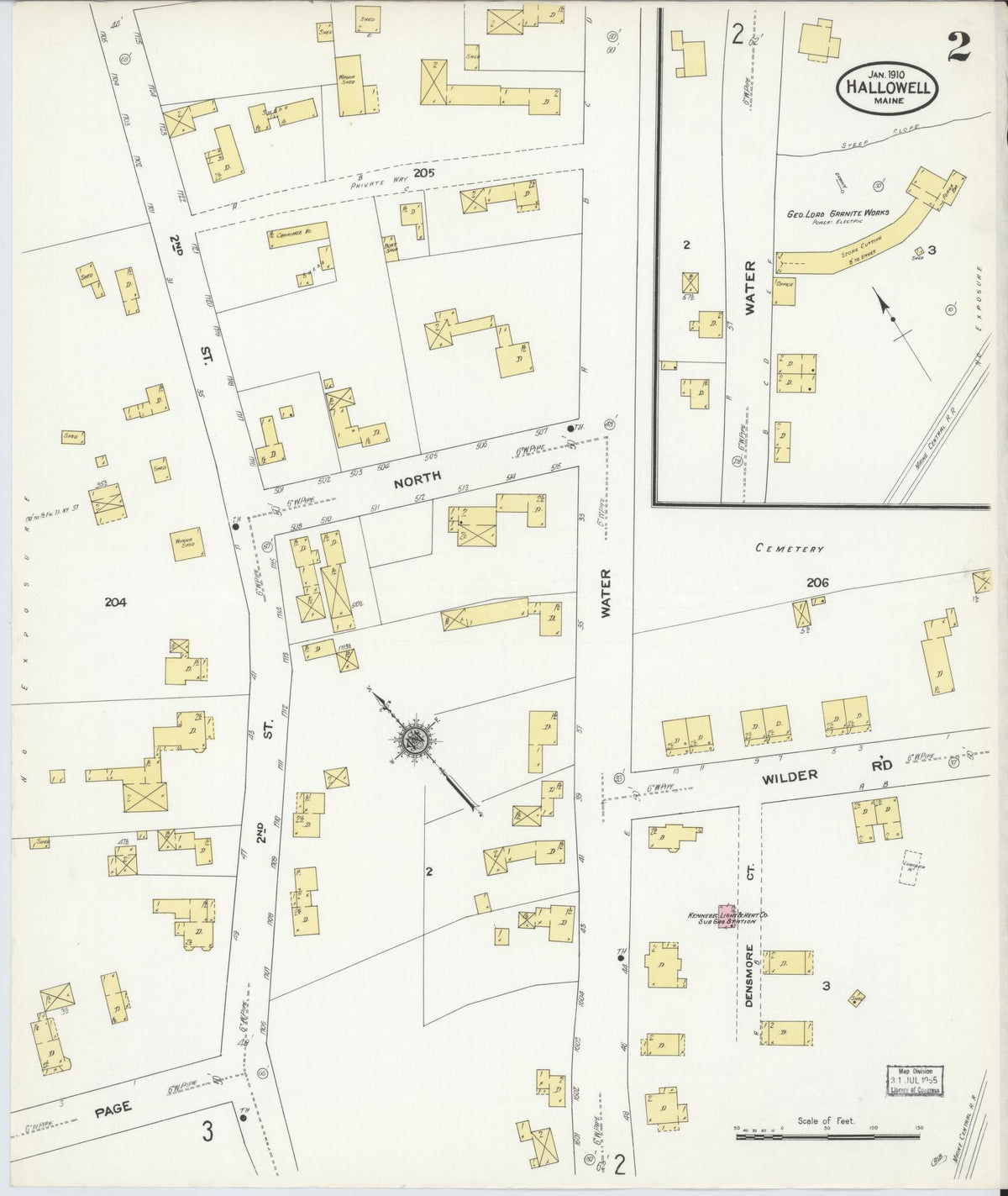 Sanborn Fire Insurance Map from Hallowell, Kennebec County, Maine (1910), Sheet #0002 - Historic Sanborn Fire Insurance Map Print, vintage old map wall art, antique decor, genealogy gift, Maine Maine map