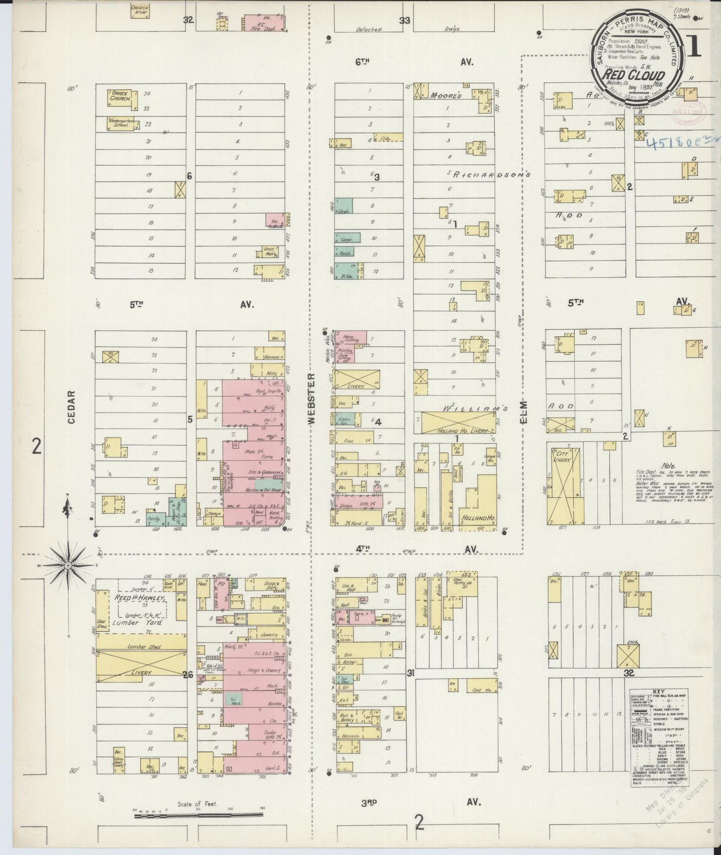 Sanborn Fire Insurance Map from Red Cloud, Webster County, Nebraska (1897), Sheet #0001 - Historic Sanborn Fire Insurance Map Print, vintage old map wall art, antique decor, genealogy gift, Nebraska Nebraska map