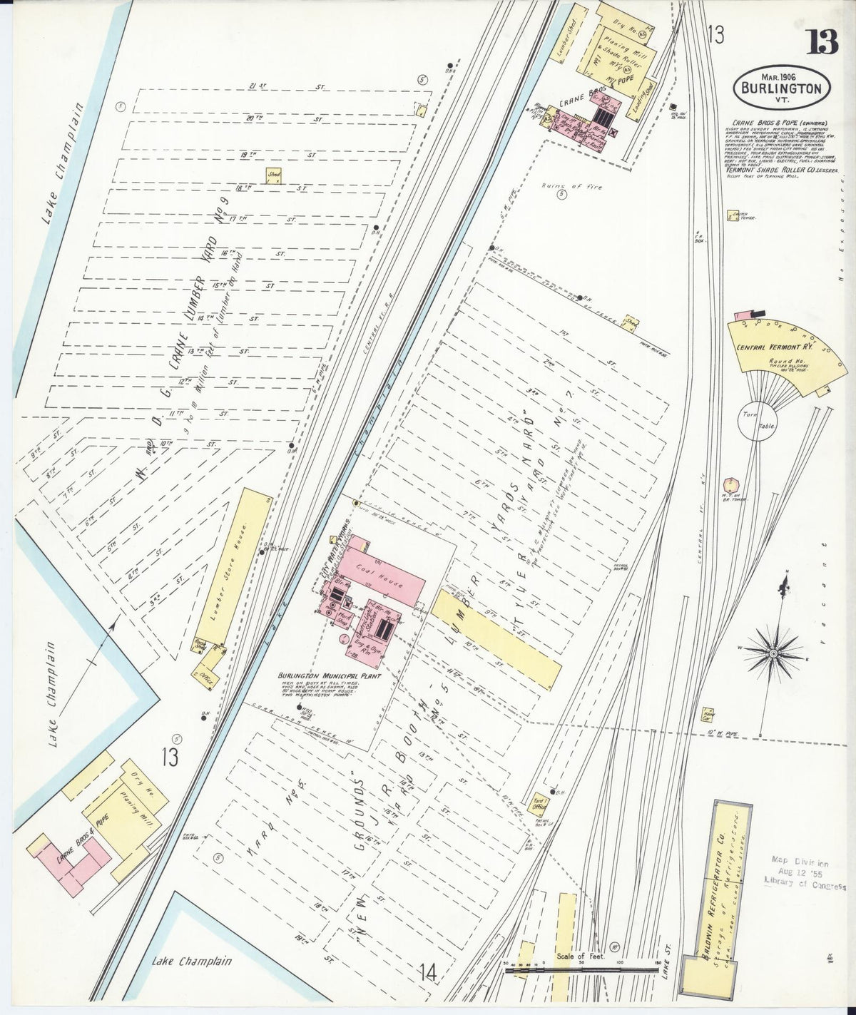Sanborn Fire Insurance Map from Burlington, Chittenden County, Vermont (1906), Sheet #0013 - Historic Sanborn Fire Insurance Map Print, vintage old map wall art, antique decor, genealogy gift, Vermont Vermont map