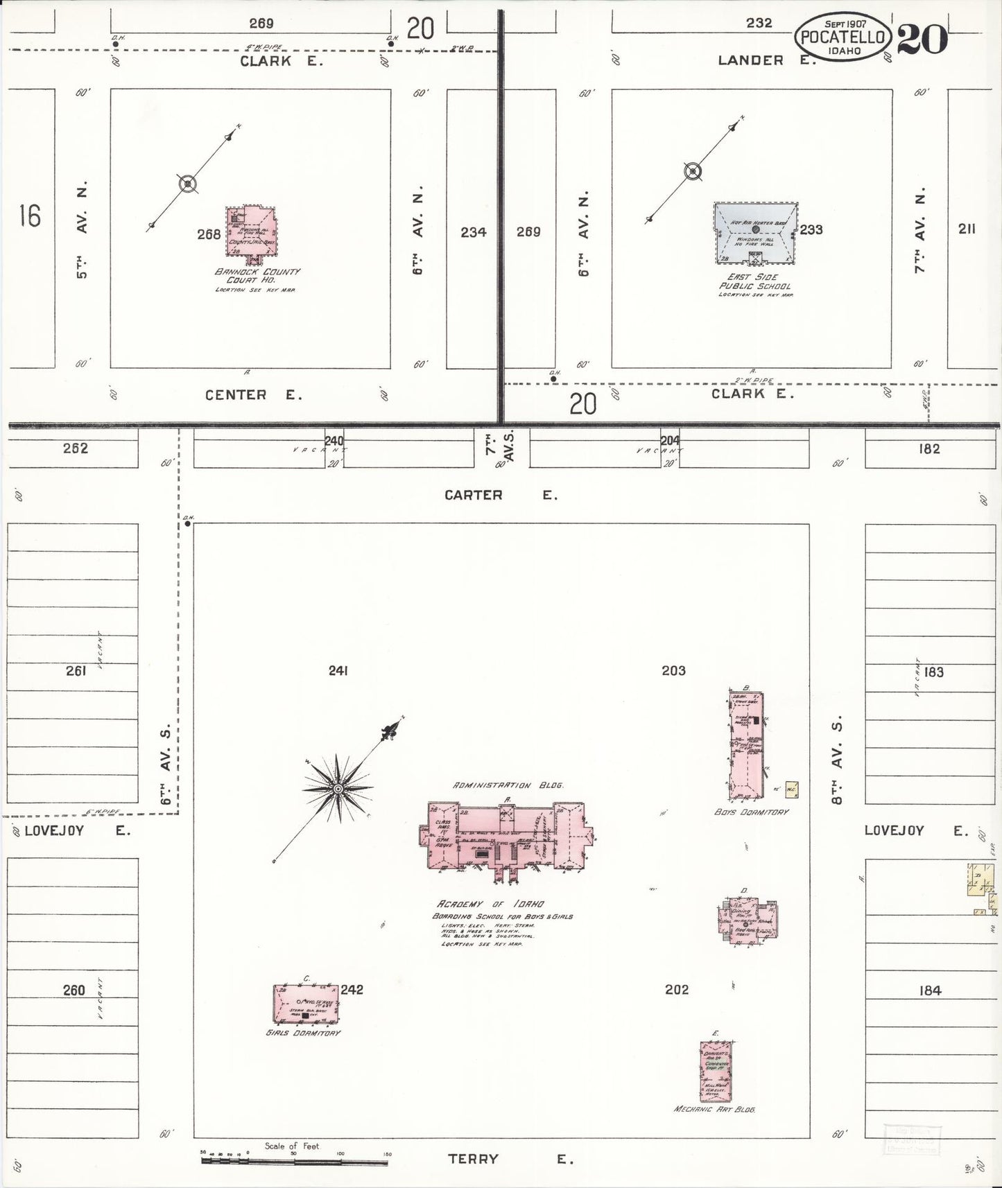 Sanborn Fire Insurance Map from Pocatello, Bannock County, Idaho (1907), Sheet #0020 - Historic Sanborn Fire Insurance Map Print, vintage old map wall art, antique decor, genealogy gift, Idaho Idaho map
