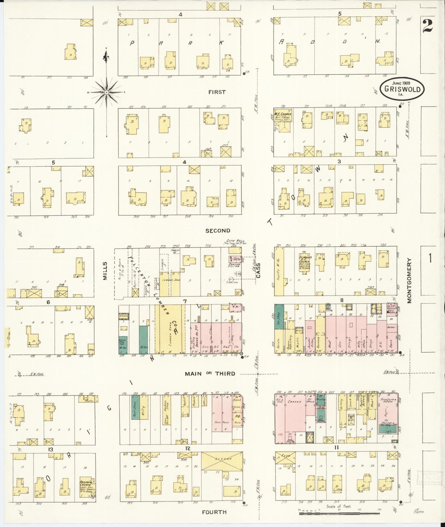 Sanborn Fire Insurance Map from Griswold, Cass County, Iowa (1909), Sheet #0002 - Historic Sanborn Fire Insurance Map Print, vintage old map wall art