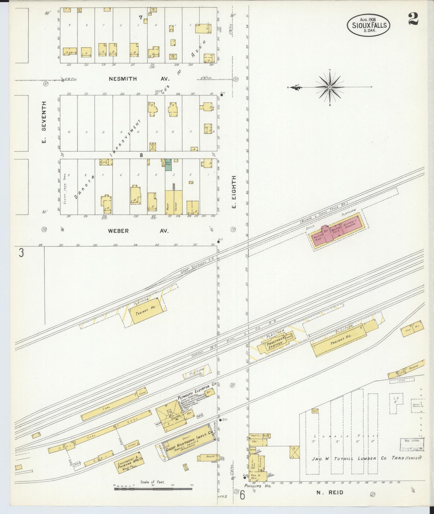 Sanborn Fire Insurance Map from Sioux Falls, Minnehaha County, South Dakota (1908), Sheet #0002 - Historic Sanborn Fire Insurance Map Print, vintage old map wall art, antique decor, genealogy gift, South Dakota South Dakota map