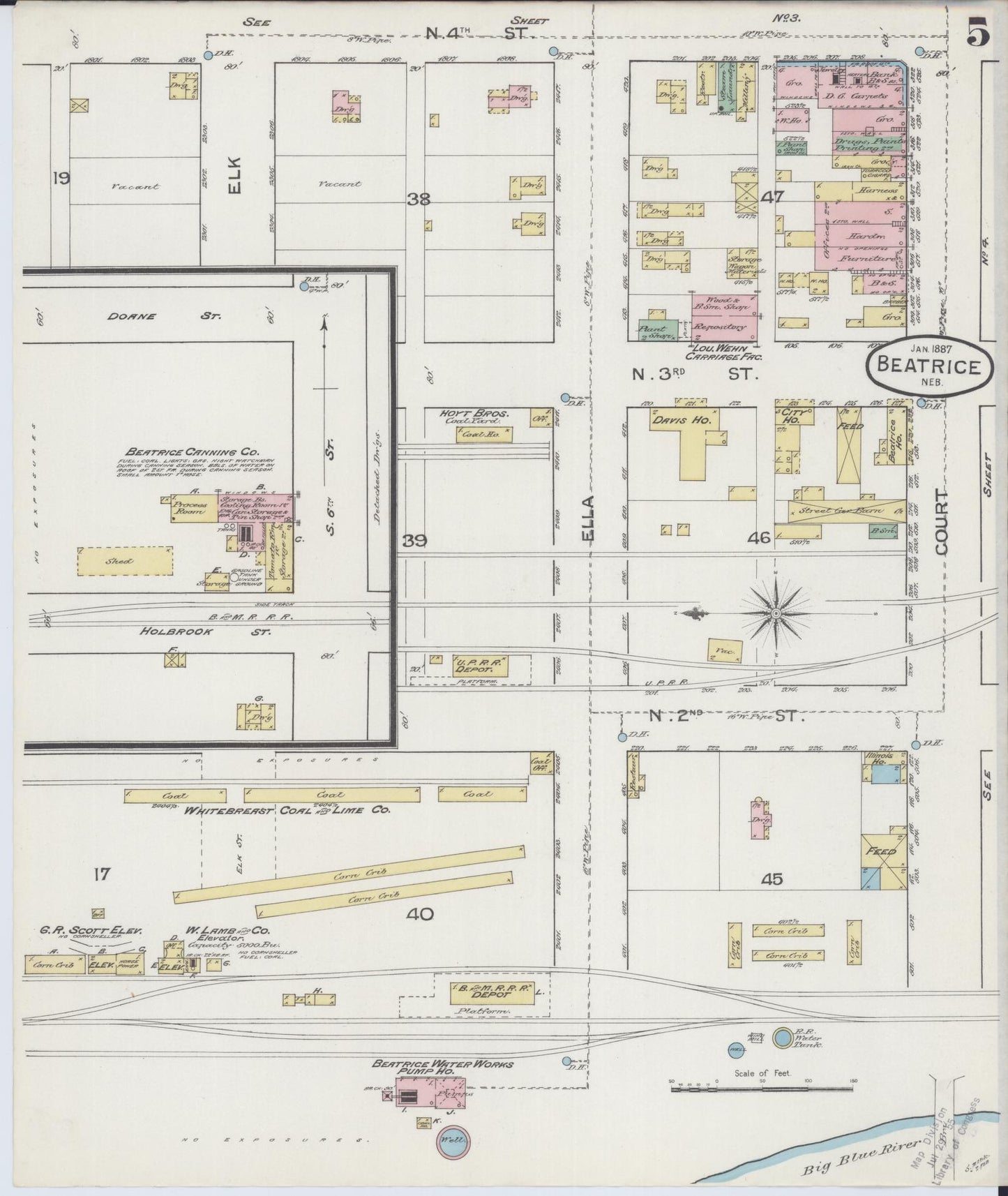 Sanborn Fire Insurance Map from Beatrice, Gage County, Nebraska (1887), Sheet #0005 - Complete Map Set gallery image, historic Sanborn map, vintage wall art, Nebraska Nebraska