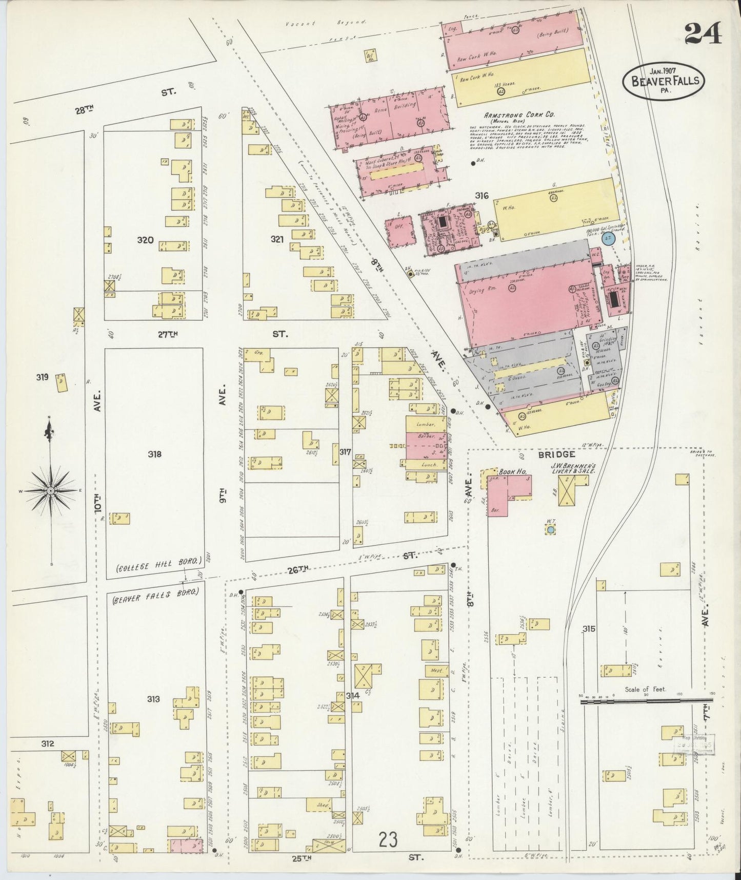 Sanborn Fire Insurance Map from Beaver Falls, Beaver County, Pennsylvania (1907), Sheet #0024 - Historic Sanborn Fire Insurance Map Print, vintage old map wall art, antique decor, genealogy gift, Pennsylvania Pennsylvania map