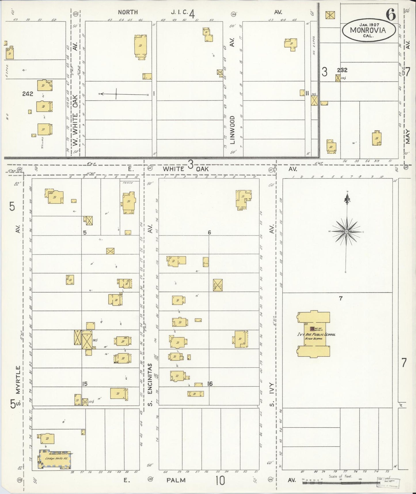 Sanborn Fire Insurance Map from Monrovia, Los Angeles County, California (1907), Sheet #0006 - Historic Sanborn Fire Insurance Map Print, vintage old map wall art, antique decor, genealogy gift, California California map