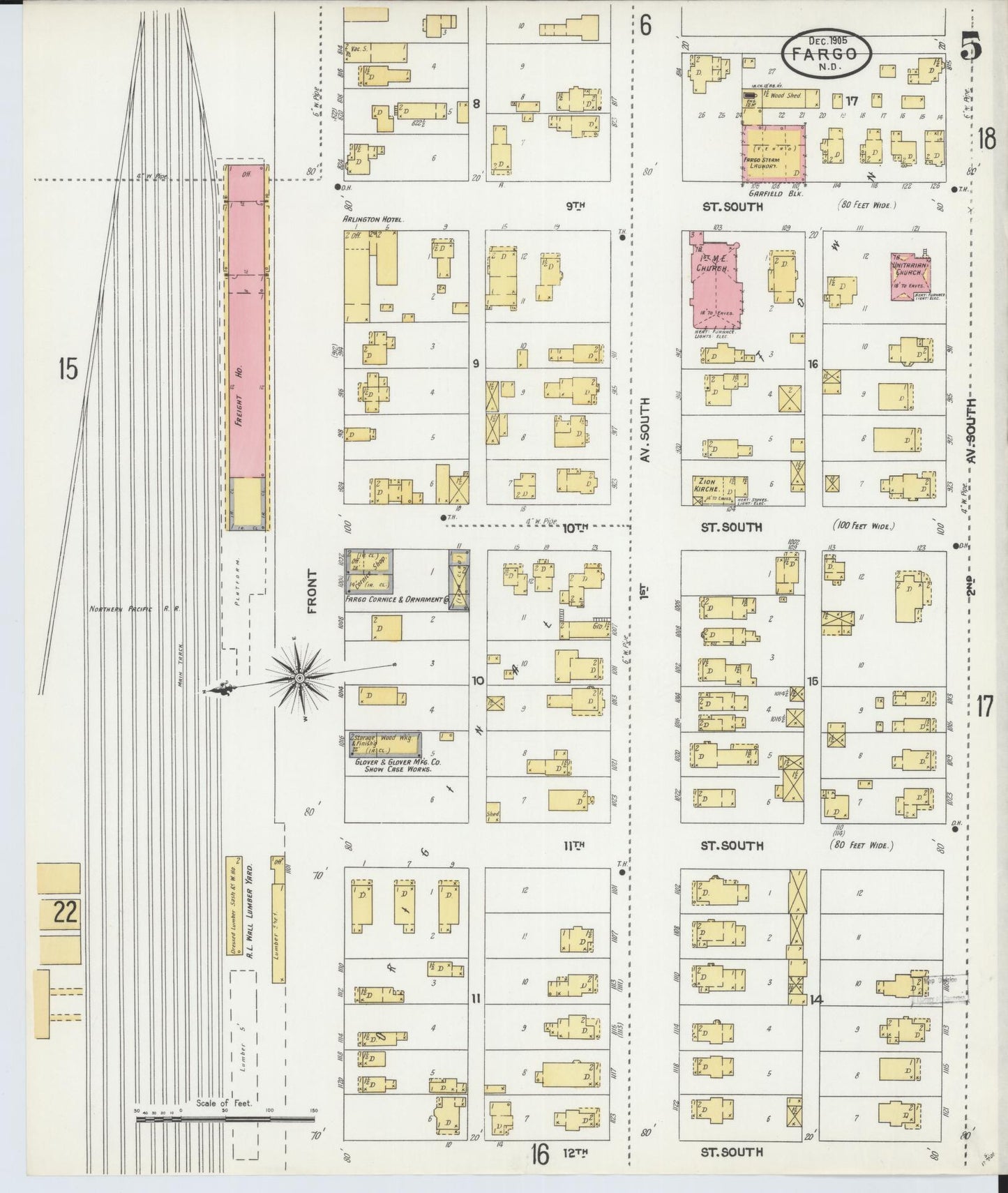Sanborn Fire Insurance Map from Fargo, Cass County, North Dakota (1905), Sheet #0005 - Historic Sanborn Fire Insurance Map Print, vintage old map wall art, antique decor, genealogy gift, North Dakota North Dakota map