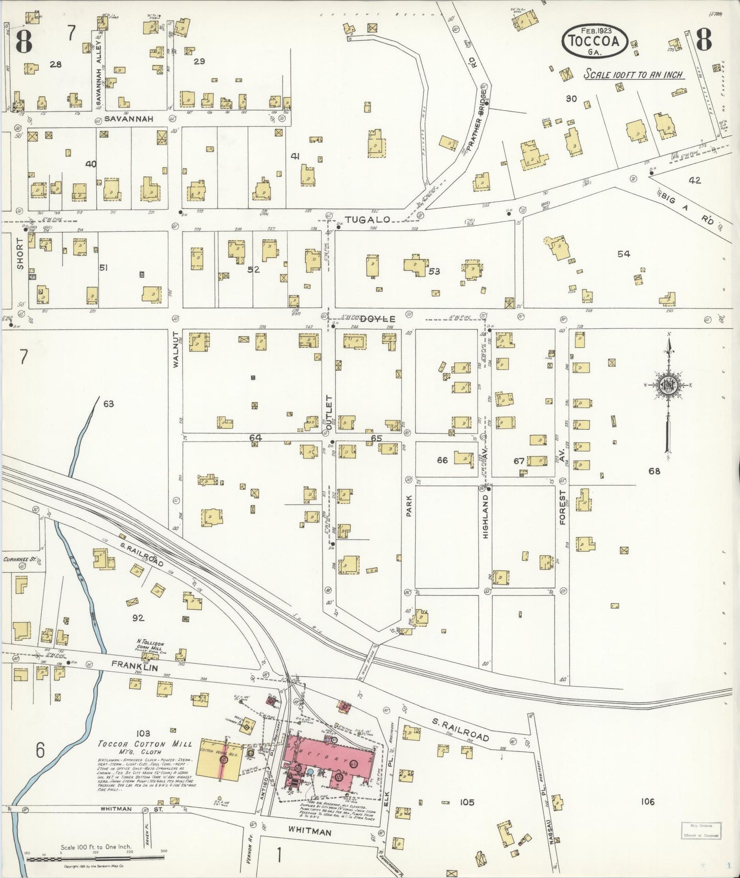 Sanborn Fire Insurance Map from Toccoa, Stephens County, Georgia (1923), Sheet #0008 - Historic Sanborn Fire Insurance Map Print, vintage old map wall art, antique decor, genealogy gift, Georgia Georgia map