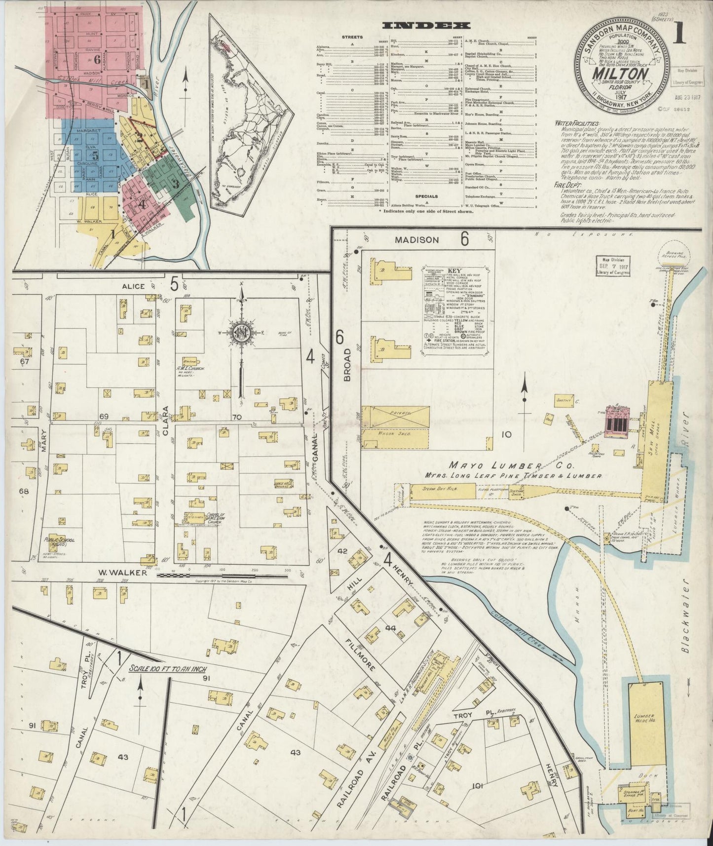 Sanborn Fire Insurance Map from Milton, Santa Rosa County, Florida (1917), Sheet #0001 - Historic Sanborn Fire Insurance Map Print, vintage old map wall art, antique decor, genealogy gift, Florida Florida map