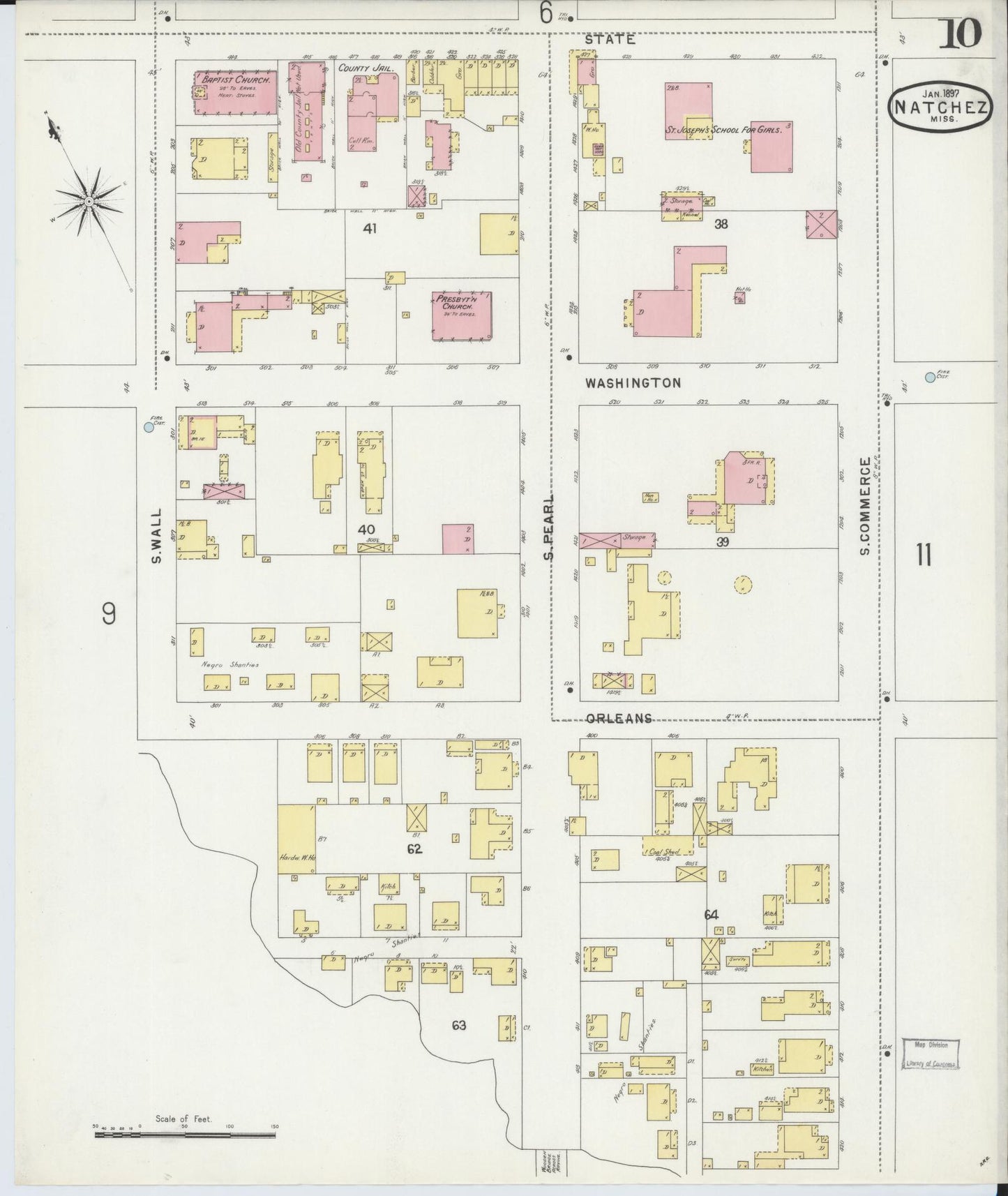 Sanborn Fire Insurance Map from Natchez, Adams County, Mississippi (1897), Sheet #0010 - Historic Sanborn Fire Insurance Map Print, vintage old map wall art, antique decor, genealogy gift, Mississippi Mississippi map