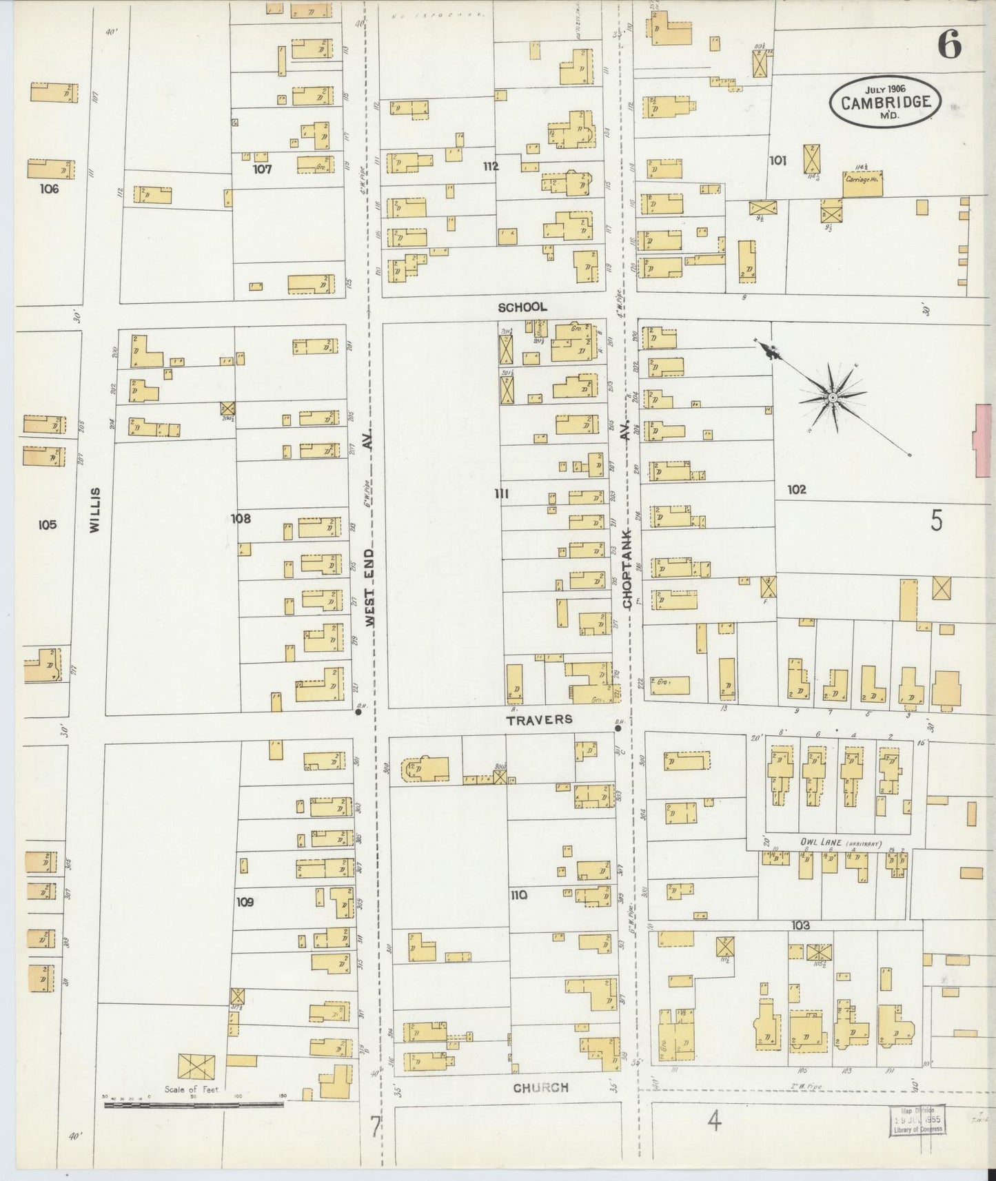 Dorchester, Maryland - 1906 - Sanborn Fire Insurance Map, Sheet #0006 - Historic Sanborn Fire Insurance Map Print, Dorchester Maryland 1906 0006 vintage old map wall art