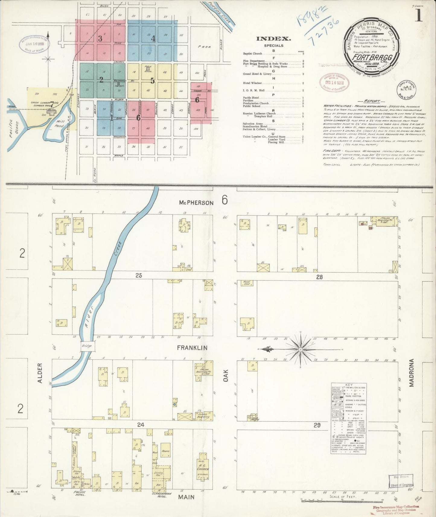 Sanborn Fire Insurance Map from Fort Bragg, Mendocino County, California (1898), Sheet #0001 - Historic Sanborn Fire Insurance Map Print, vintage old map wall art, antique decor, genealogy gift, California California map