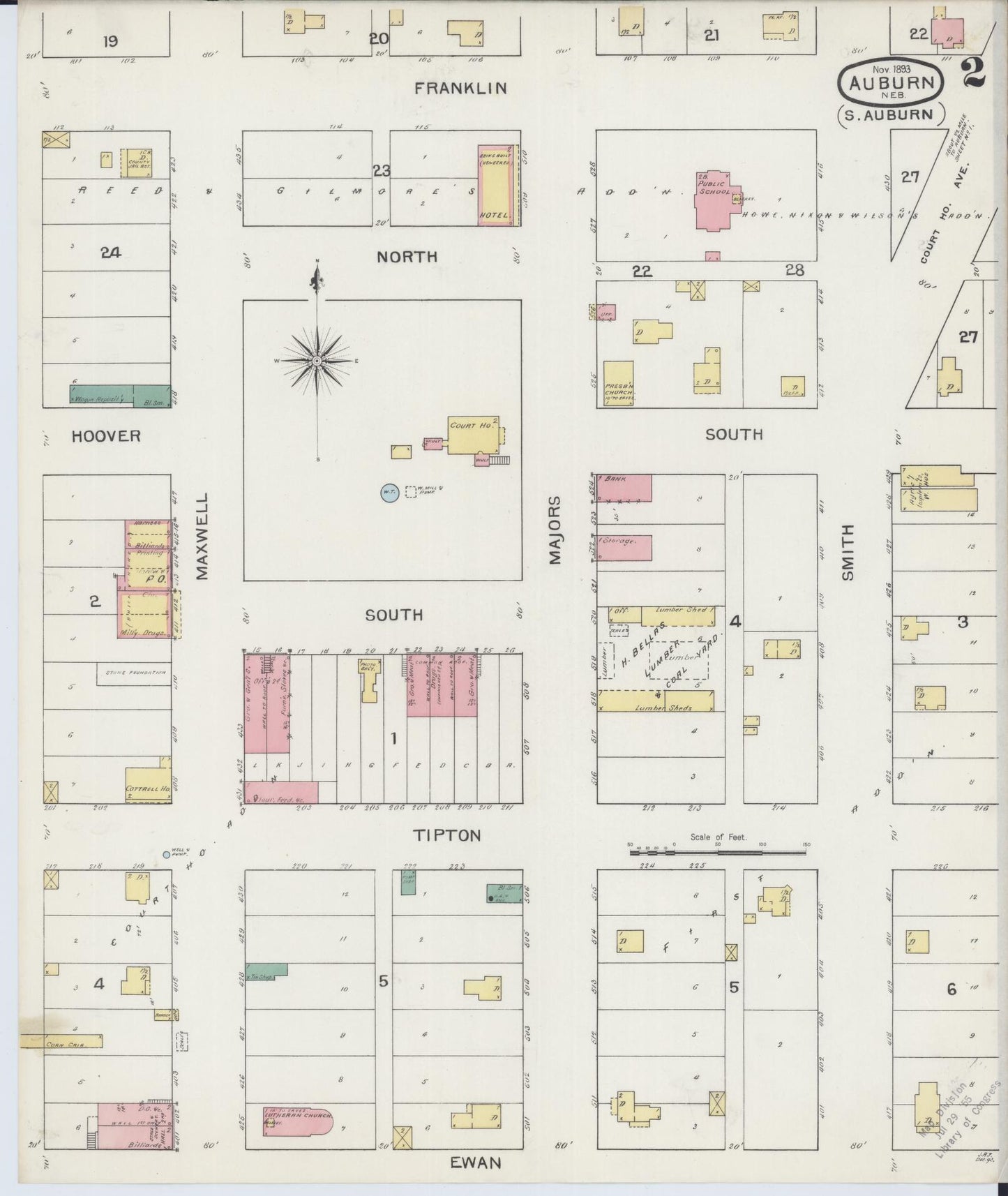 Sanborn Fire Insurance Map from Auburn, Nemaha County, Nebraska (1893), Sheet #0002 - Historic Sanborn Fire Insurance Map Print, vintage old map wall art, antique decor, genealogy gift, Nebraska Nebraska map
