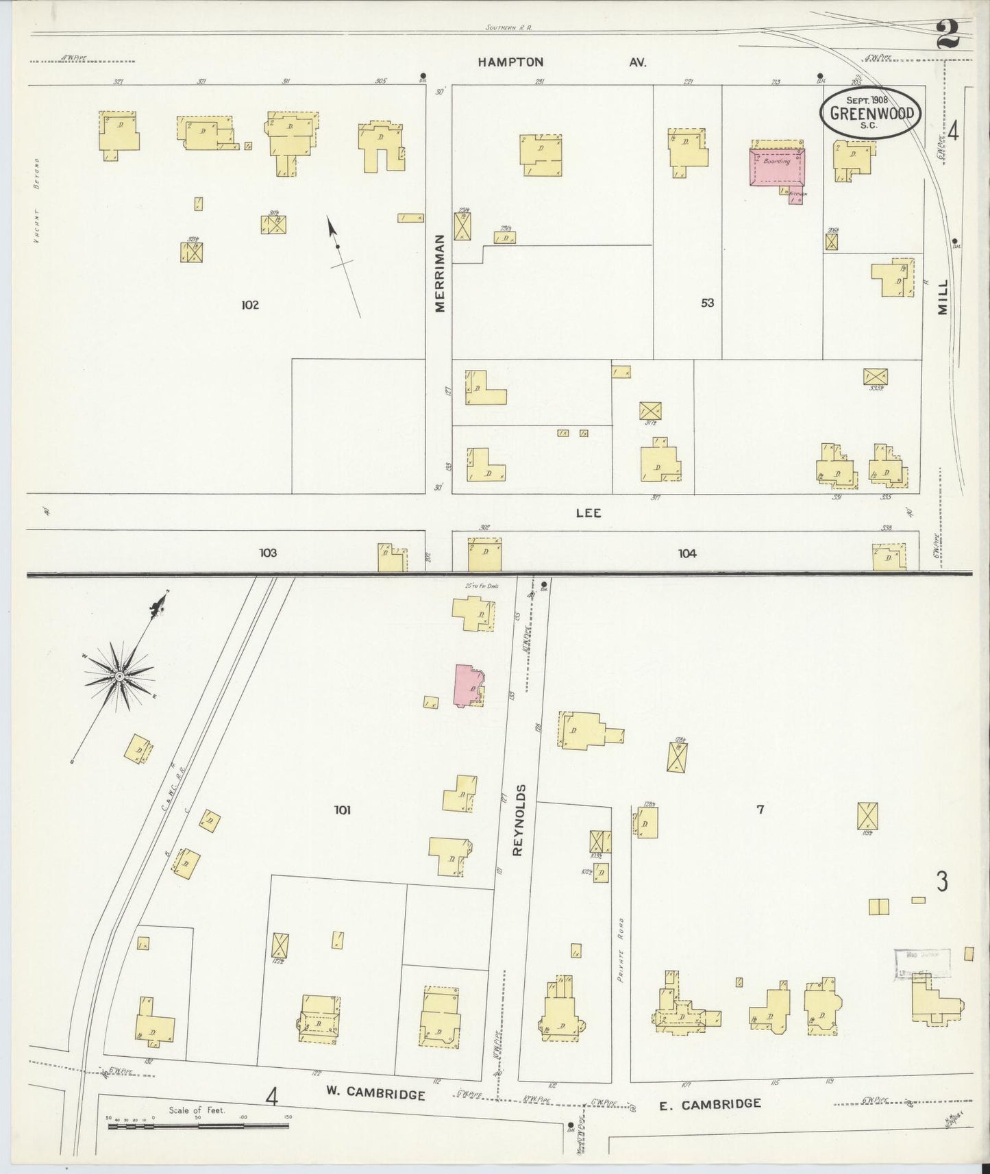 Sanborn Fire Insurance Map from Greenwood, Greenwood County, South Carolina (1908), Sheet #0002 - Historic Sanborn Fire Insurance Map Print, vintage old map wall art, antique decor, genealogy gift, South Carolina South Carolina map