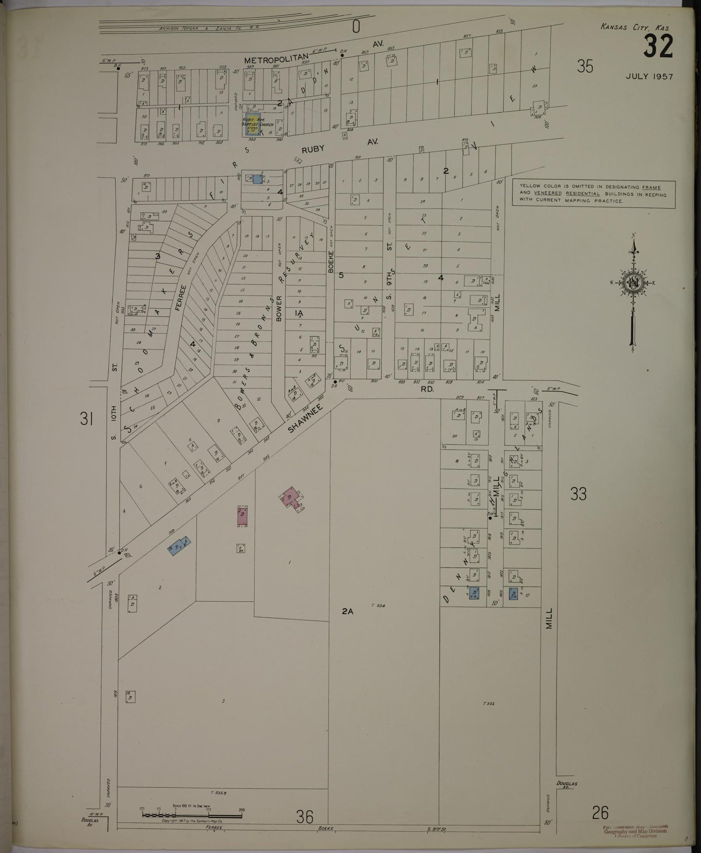 Sanborn Fire Insurance Map from Kansas City, Wyandotte County, Kansas (1957), Sheet #0032 - Historic Sanborn Fire Insurance Map Print, vintage old map wall art, antique decor, genealogy gift, Kansas Kansas map
