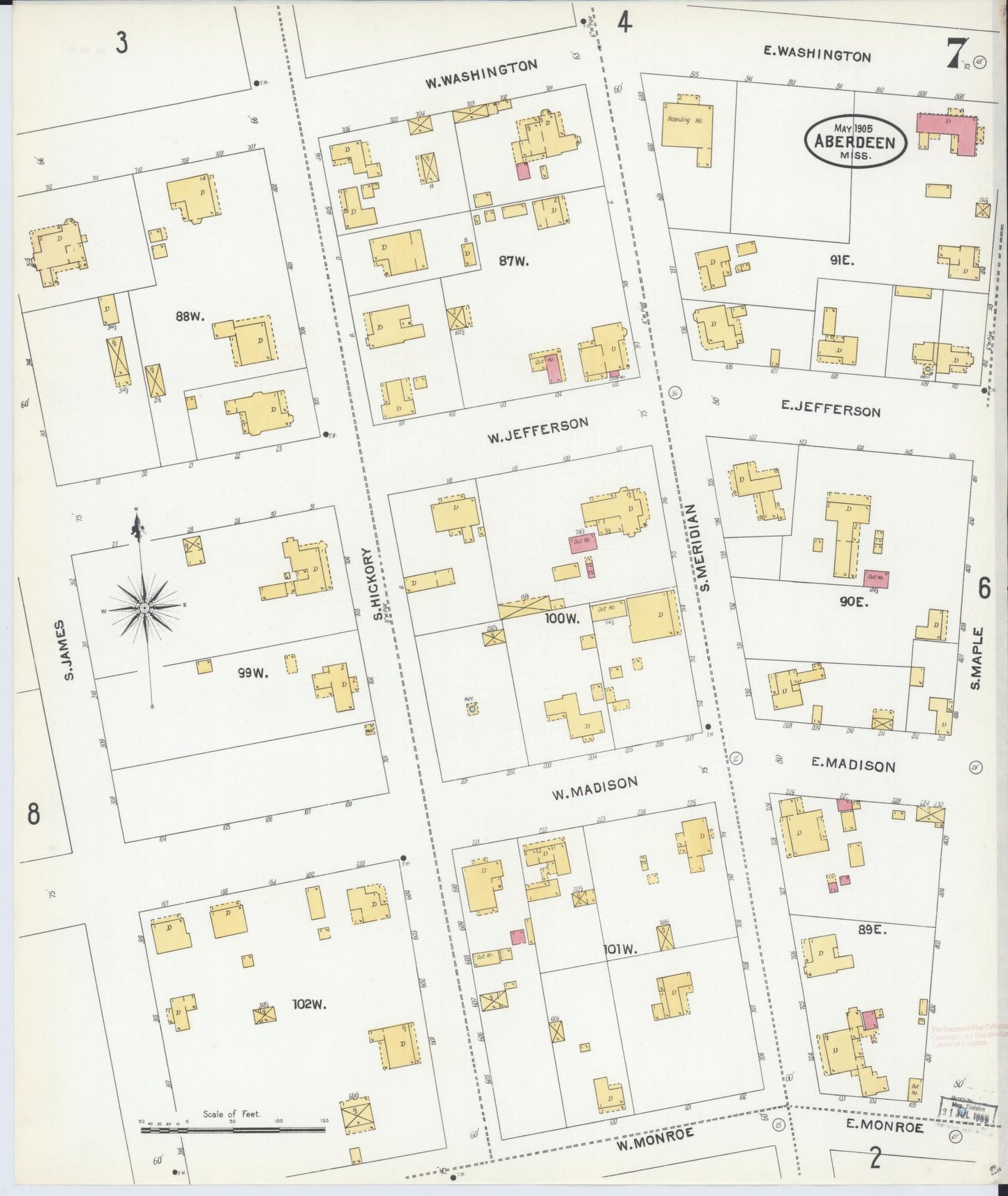 Sanborn Fire Insurance Map from Aberdeen, Monroe County, Mississippi (1905), Sheet #0007 - Historic Sanborn Fire Insurance Map Print, vintage old map wall art, antique decor, genealogy gift, Mississippi Mississippi map