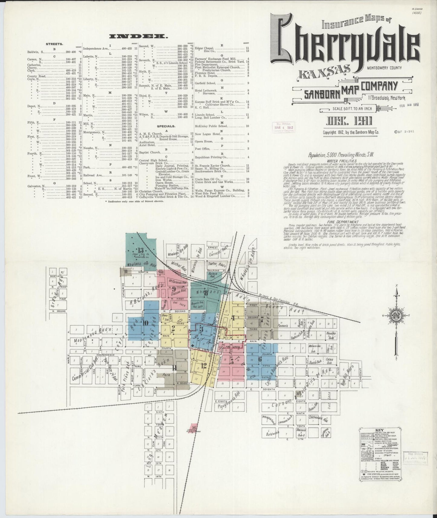 Sanborn Fire Insurance Map from Cherryvale, Montgomery County, Kansas (1911), Sheet #0001 - Historic Sanborn Fire Insurance Map Print, vintage old map wall art, antique decor, genealogy gift, Kansas Kansas map