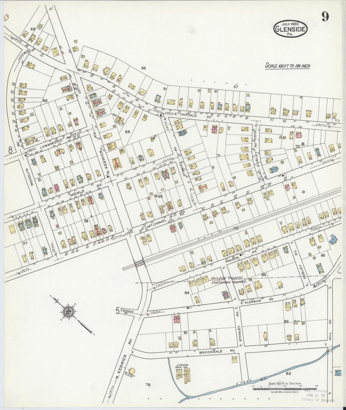 Sanborn Fire Insurance Map from Glenside, Montgomery County, Pennsylvania (1920), Sheet #0009 - Historic Sanborn Fire Insurance Map Print, vintage old map wall art, antique decor, genealogy gift, Pennsylvania Pennsylvania map