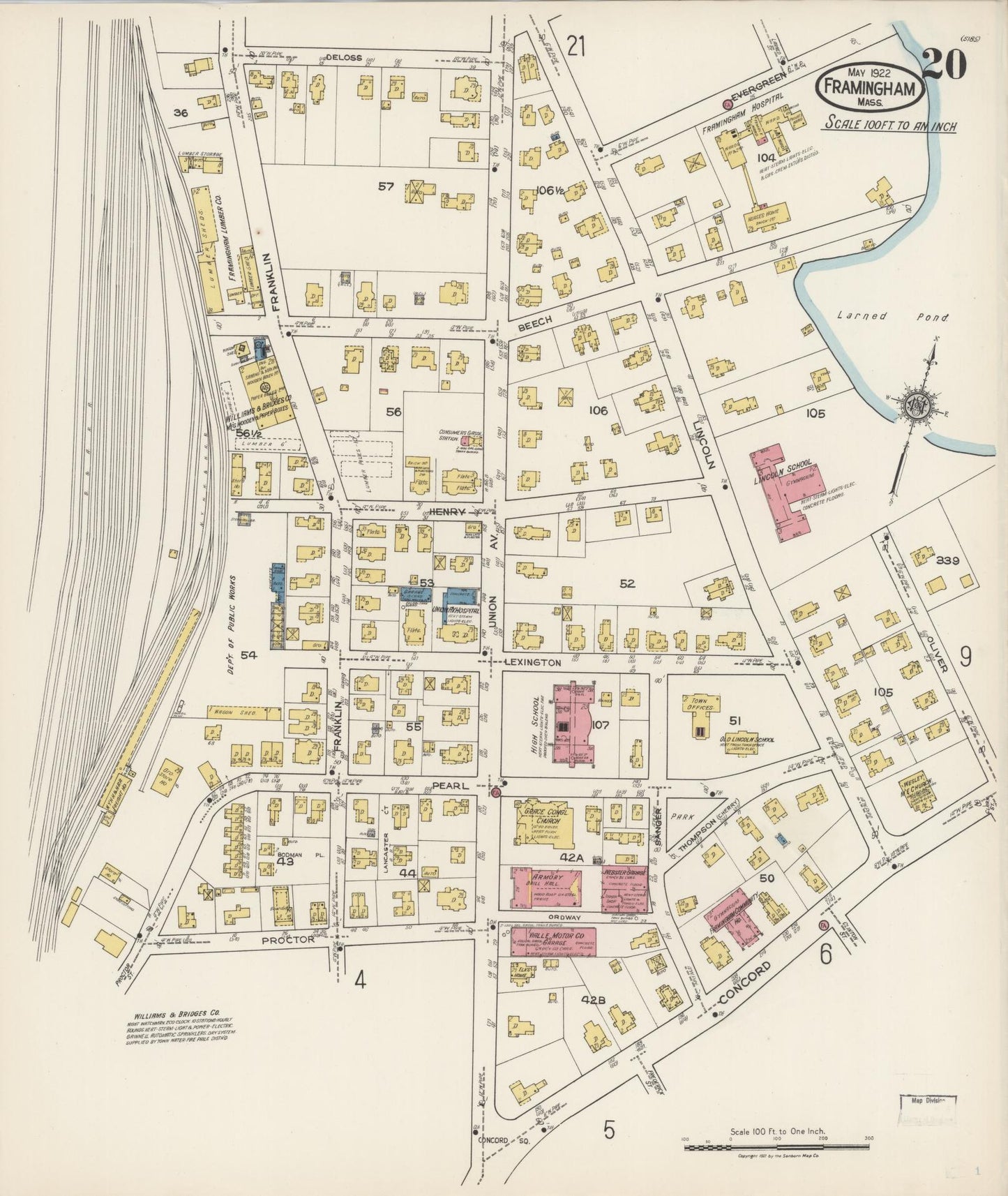 Sanborn Fire Insurance Map from Framingham, Middlesex County, Massachusetts (1922), Sheet #0020 - Historic Sanborn Fire Insurance Map Print, vintage old map wall art, antique decor, genealogy gift, Massachusetts Massachusetts map