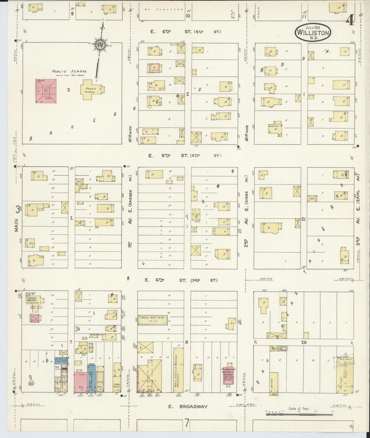 Sanborn Fire Insurance Map from Williston, Williams County, North Dakota (1913), Sheet #0004 - Historic Sanborn Fire Insurance Map Print, vintage old map wall art, antique decor, genealogy gift, North Dakota North Dakota map