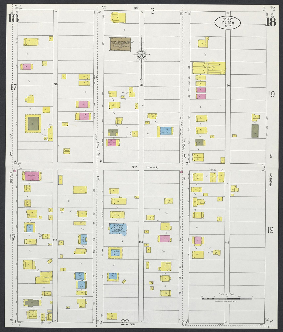 Sanborn Fire Insurance Map from Yuma, Yuma County, Arizona (1927), Sheet #0018 - Historic Sanborn Fire Insurance Map Print, vintage old map wall art, antique decor, genealogy gift, Arizona Arizona map