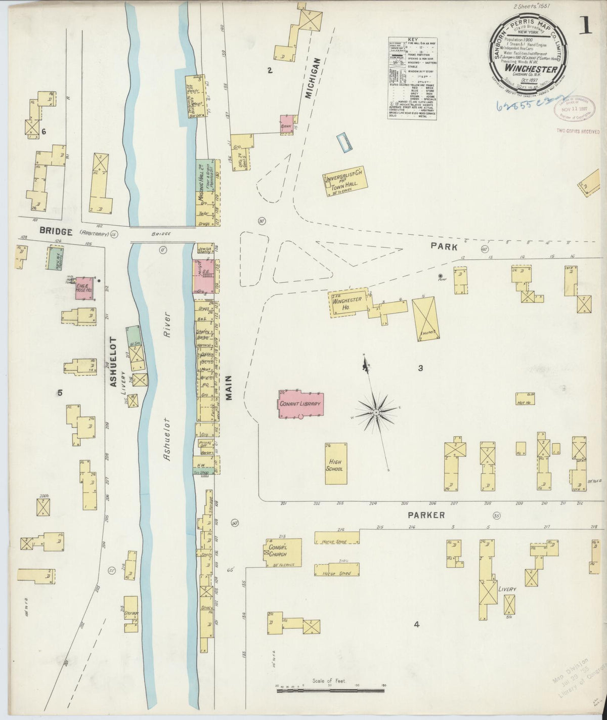Sanborn Fire Insurance Map from Winchester, Cheshire County, New Hampshire (1897), Sheet #0001 - Historic Sanborn Fire Insurance Map Print, vintage old map wall art, antique decor, genealogy gift, New Hampshire New Hampshire map