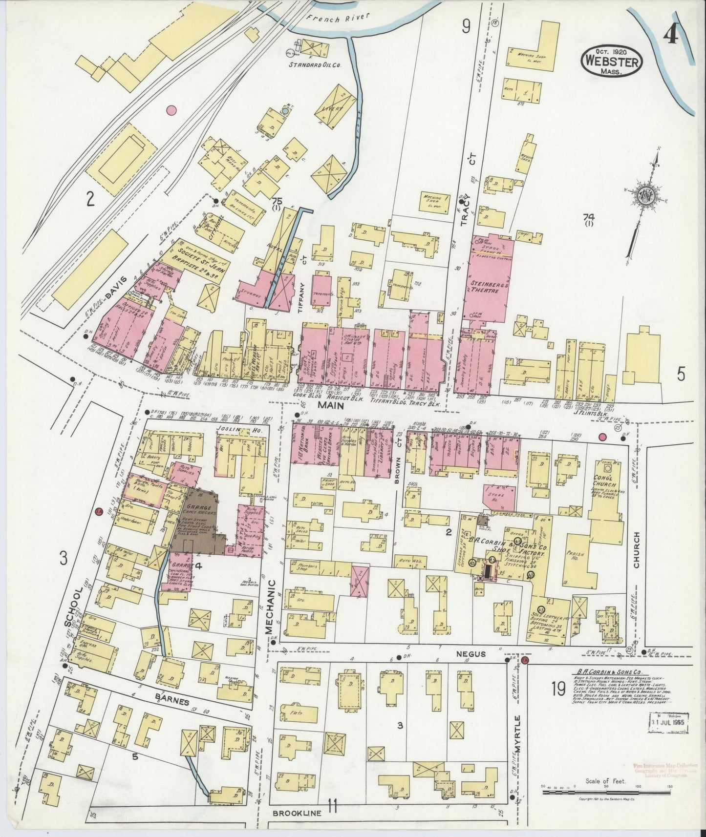 Sanborn Fire Insurance Map from Webster, Worcester County, Massachusetts (1920), Sheet #0004 - Historic Sanborn Fire Insurance Map Print, vintage old map wall art, antique decor, genealogy gift, Massachusetts Massachusetts map