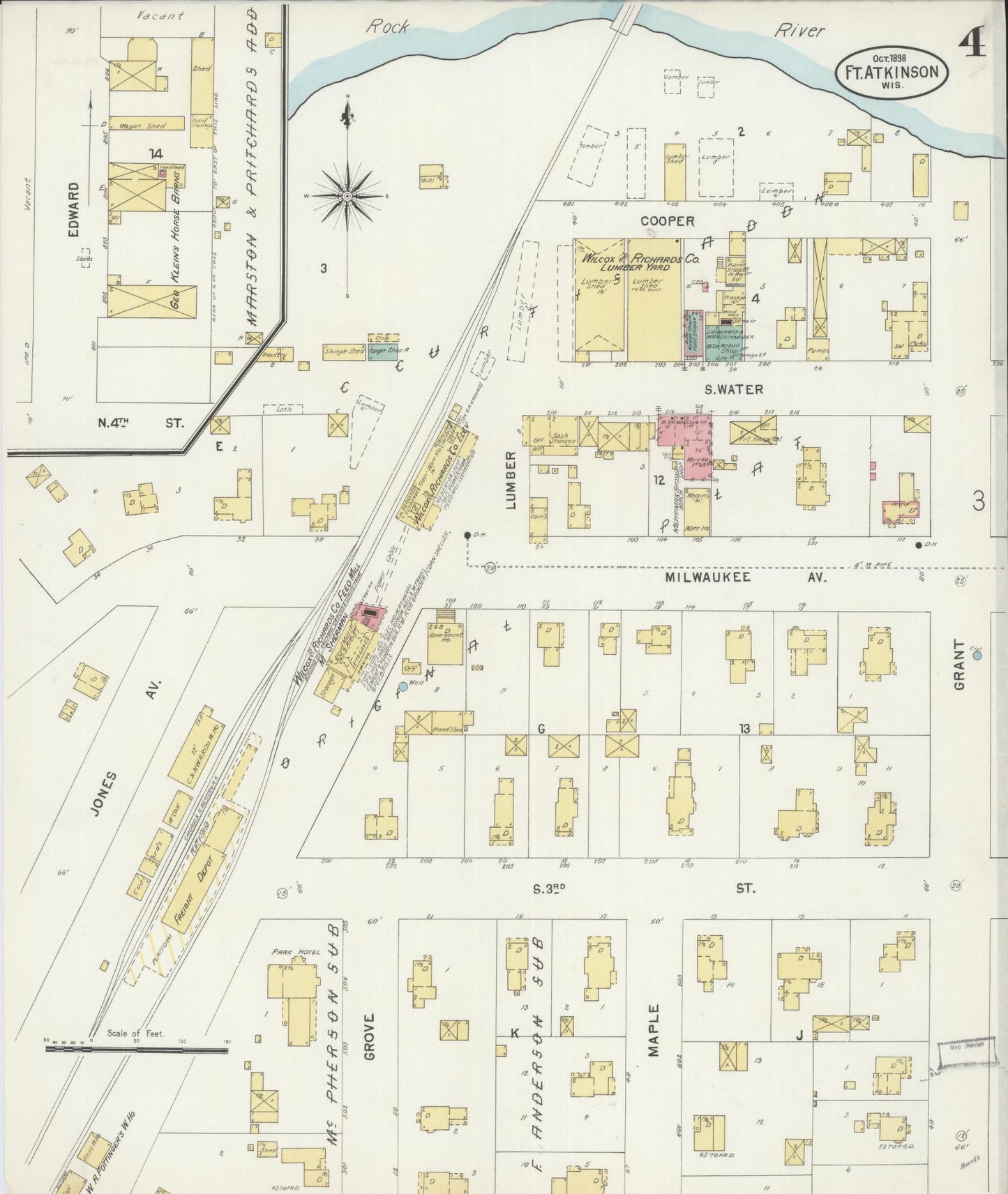 Sanborn Fire Insurance Map from Fort Atkinson, Jefferson County, Wisconsin (1898), Sheet #0004 - Historic Sanborn Fire Insurance Map Print, vintage old map wall art, antique decor, genealogy gift, Wisconsin Wisconsin map