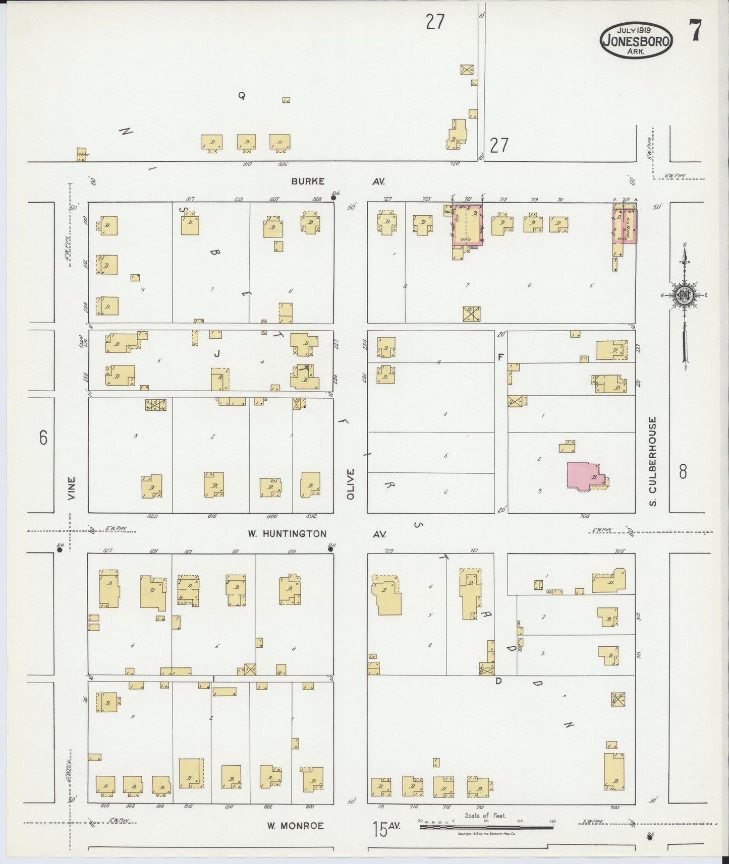 Sanborn Fire Insurance Map from Jonesboro, Craighead County, Arkansas (1919), Sheet #0007 - Historic Sanborn Fire Insurance Map Print, vintage old map wall art, antique decor, genealogy gift, Arkansas Arkansas map