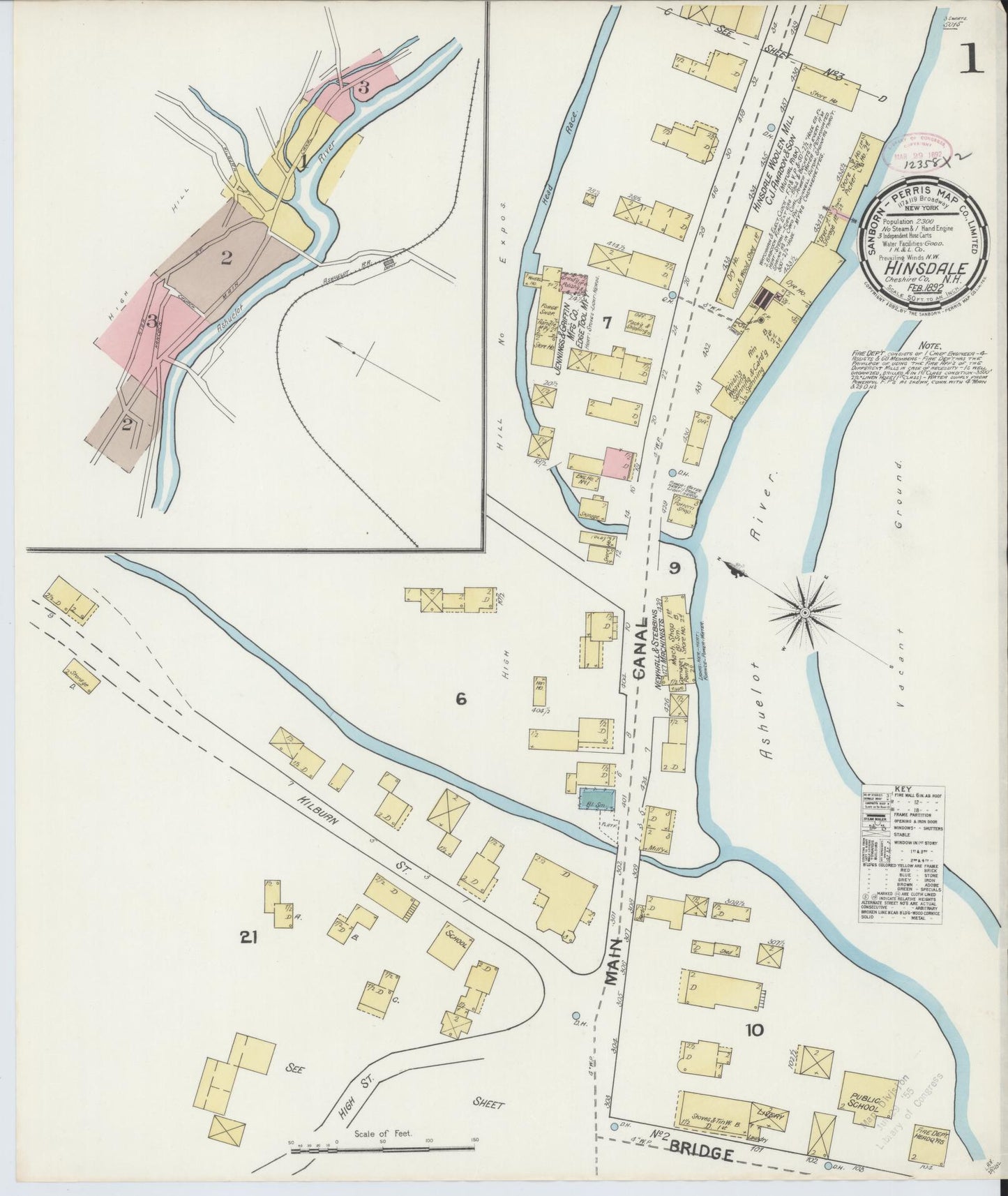 Sanborn Fire Insurance Map from Hinsdale, Cheshire County, New Hampshire (1892), Sheet #0001 - Historic Sanborn Fire Insurance Map Print, vintage old map wall art, antique decor, genealogy gift, New Hampshire New Hampshire map