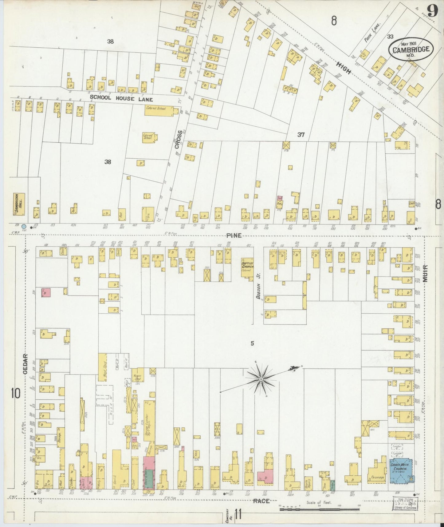 Dorchester, Maryland - 1901 - Sanborn Fire Insurance Map, Sheet #0009 - Historic Sanborn Fire Insurance Map Print, Dorchester Maryland 1901 0009 vintage old map wall art
