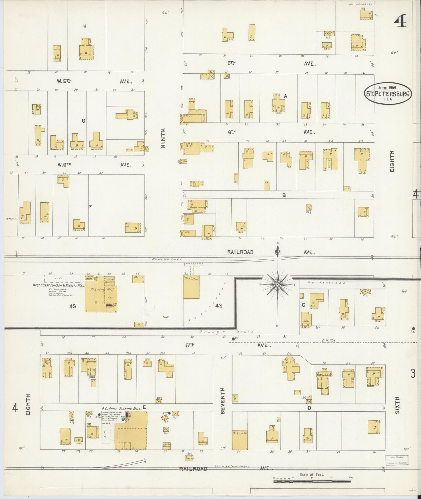 Sanborn Fire Insurance Map from Saint Petersburg, Pinellas County, Florida (1904), Sheet #0004 - Historic Sanborn Fire Insurance Map Print, vintage old map wall art, antique decor, genealogy gift, Florida Florida map